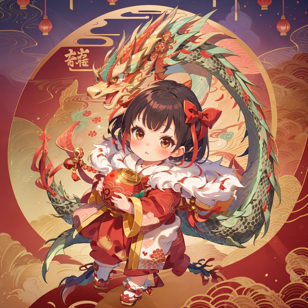 hb,<lora:CHGF:0.7>,tchahua,1girl,black hair,hair bow,looking at viewer,blush,brown eyes,red bow,dragon,bangs,short hair,child,closed mouth,lips,solo,female child,red new year clothes,