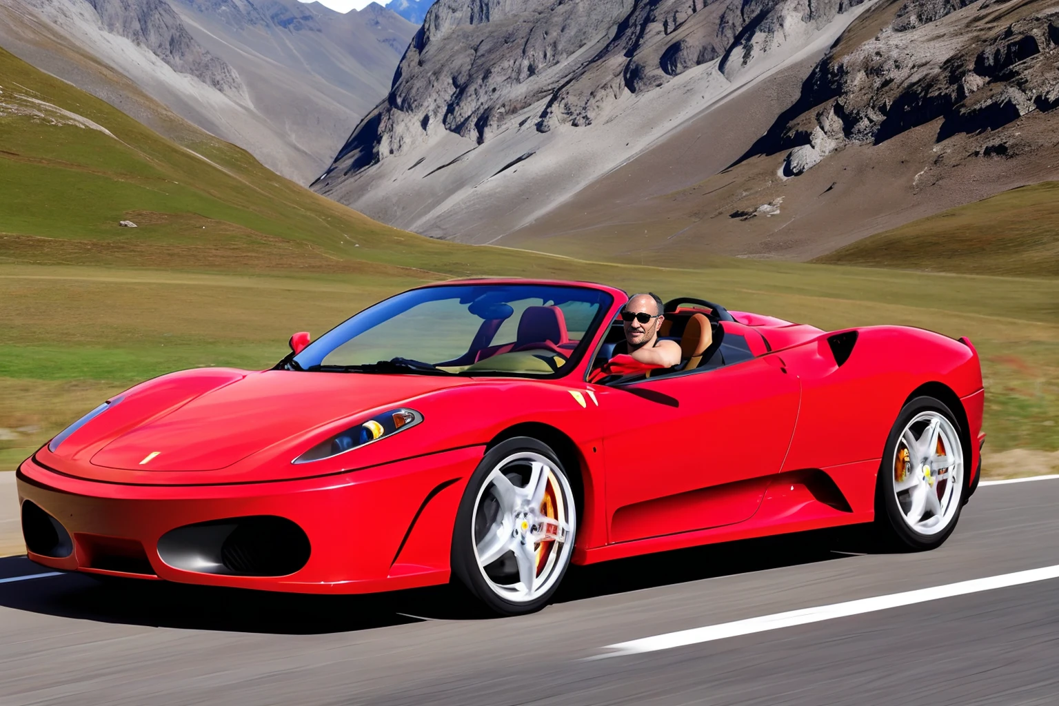 Photo of a man driving a red Ferrari F430 through the Italian alps <lora:Ferrari_F430_Spider:.7>