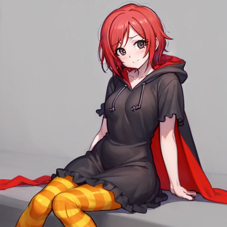 (masterpiece, best quality, highres:1.4), highly detailed, detailed shading, vibrant colors, idolmaster, love live!, 1girl, solo, ruby gloom, short hair, dress, sitting, pantyhose, striped, cape, black dress, black eyes, cloak, red cape, hooded cloak,  <lora:ruby_gloom:1>