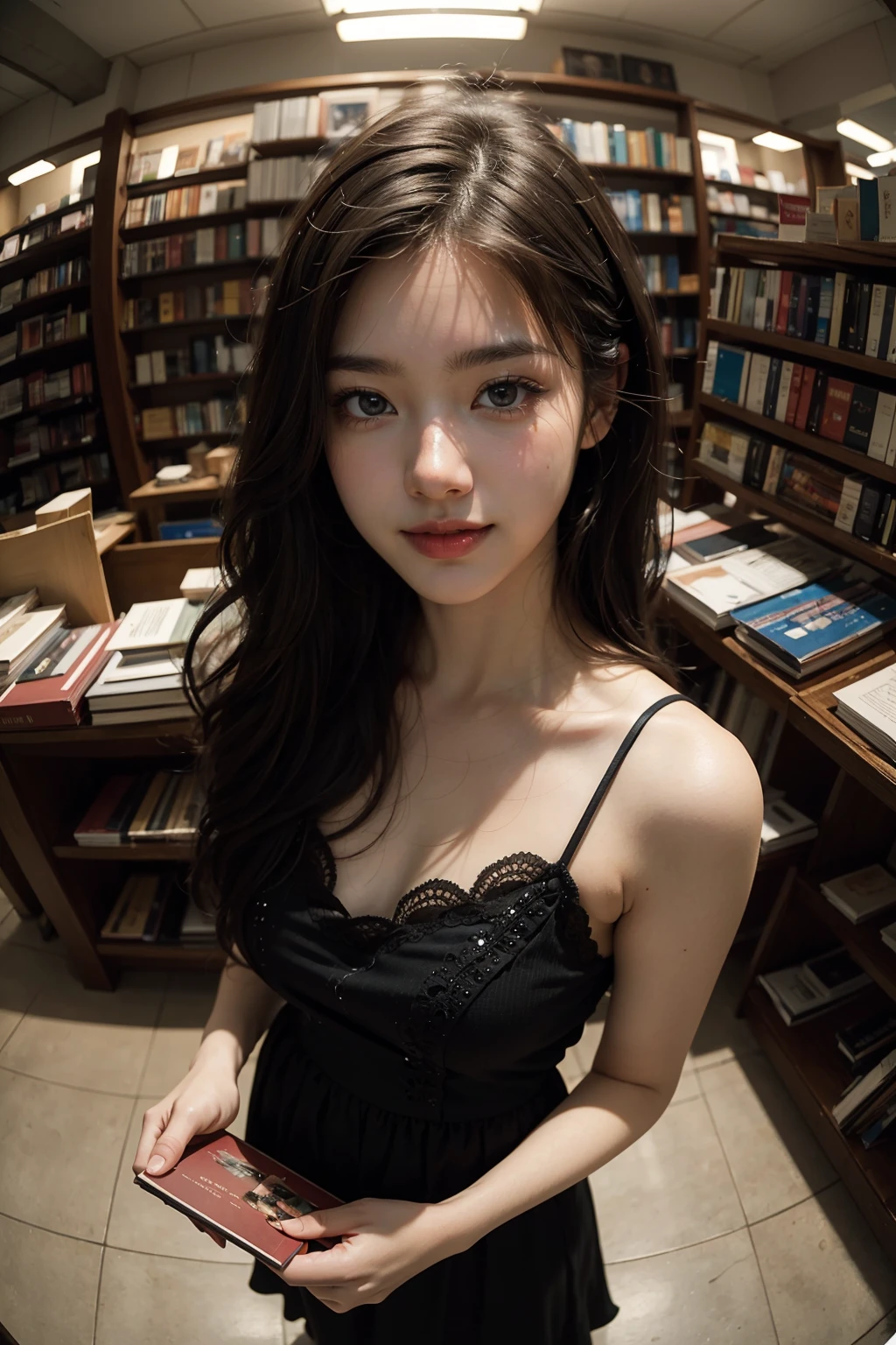 (best quality, masterpiece:1.3), (realistic, photo realistic:1.3), ultra high res, UHD, extremely detailed CG unity 8k wallpaper, sharp focus, absurdres, (realistic skin, detailed skin), (perfect anatomy), cinematic lighting, best shadow, glossy lips,
BREAK
(Cute face), (Official Art, Beautiful and Aesthetic), (1Girl), (bright smile), (asian, straight long black hair), From Above, Solo, Standing, (fisheye lens), Inside the Bookstore, shelf with many books, depth of field