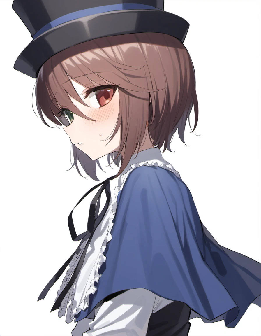1girl, souseiseki, ica, black headwear, black ribbon, blush, brown hair, capelet, frills, from side, green eyes, hair between eyes, hat, heterochromia, neck ribbon, red eyes, ribbon, short hair, simple background, sketch, solo, top hat, upper body, white background, masterpiece, best quality. <lora:char - souseiseki - v1 - bionagato:1>