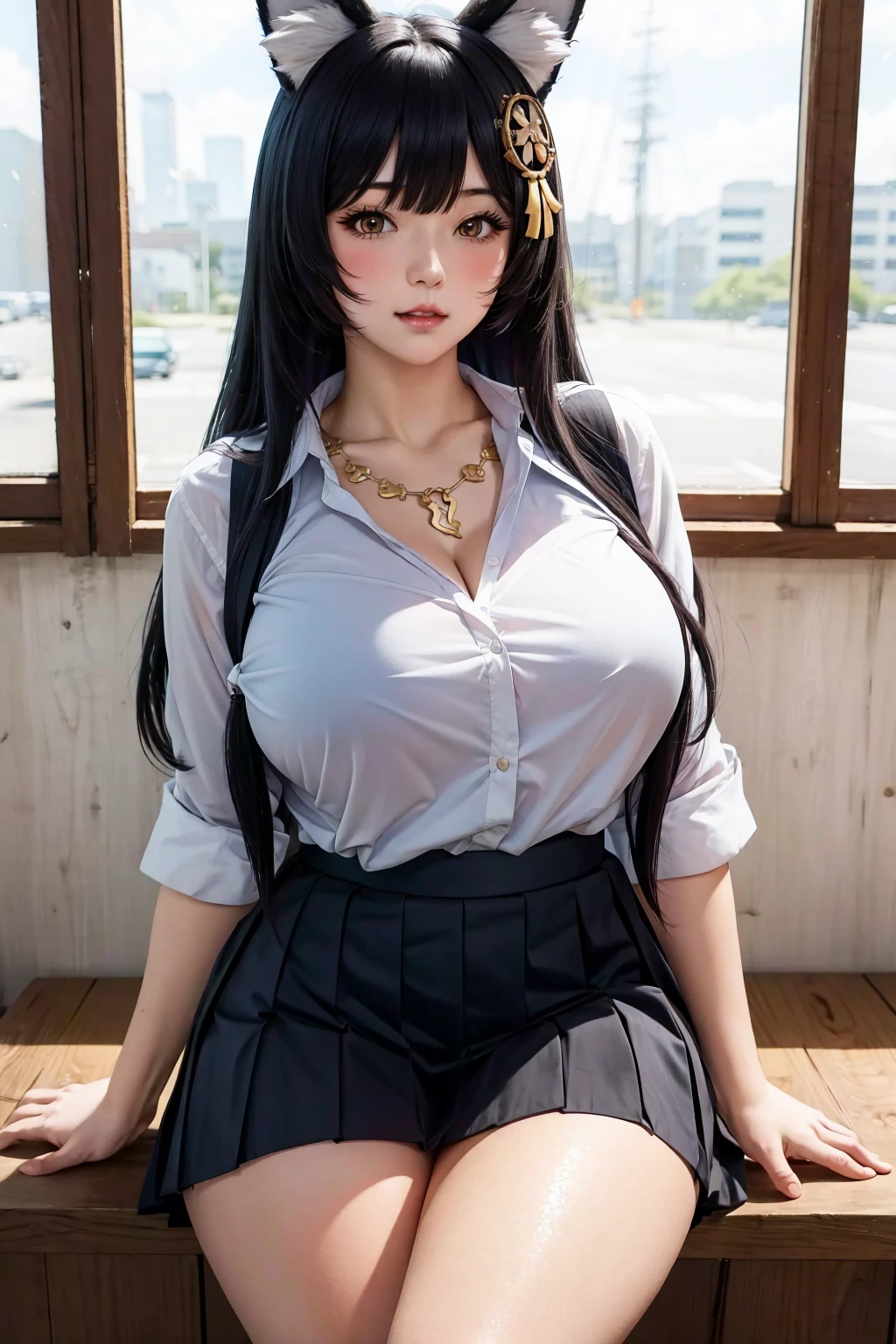 giant thighs, bbw, fully mature woman, 1girl, ( musashi \(azur lane\) , fox girl, fox ears), ( sfw schoolgirl uniform, schoolgirl skirt, big breasts, magatama necklace , hair ornament), <lora:musashi-v3-nai-9ep-resize:0.7>, BREAK (masterpiece), (best quality), (highres)