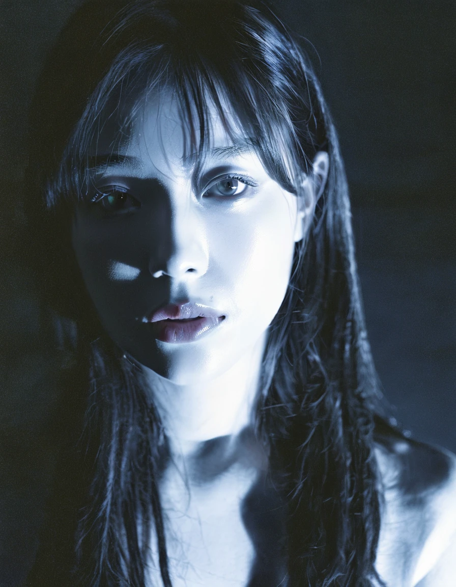 a young woman,in the dark,reality,realistic,no make,white skin,:o,complex lighting,