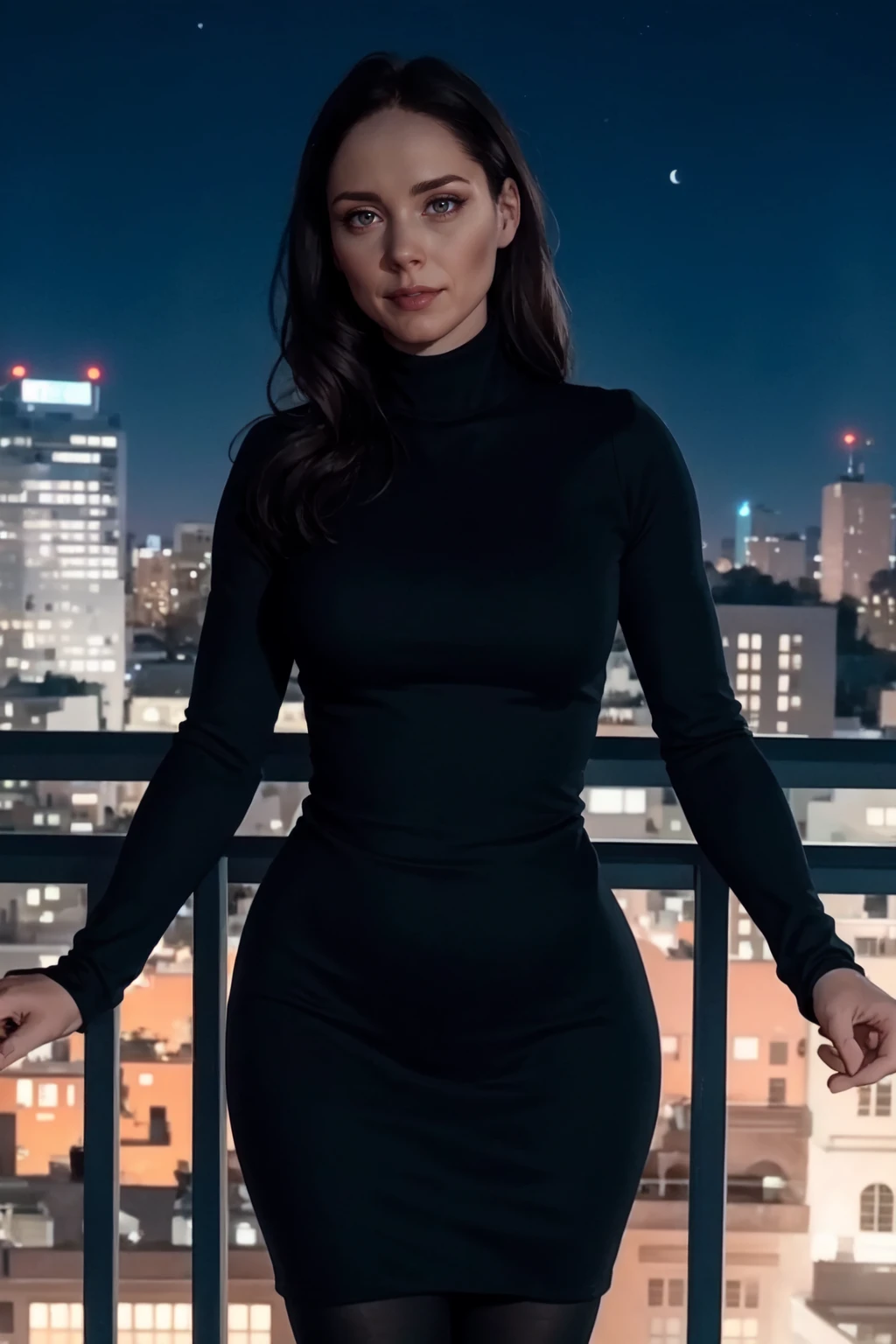 <lora:mondongo_LoRA_LauraFraser:1> mndngwmn, (ultra realistic, 8k,high quality),(medium shot), wearing a turtleneck bodycon dress, on a balcony at night with city on background
