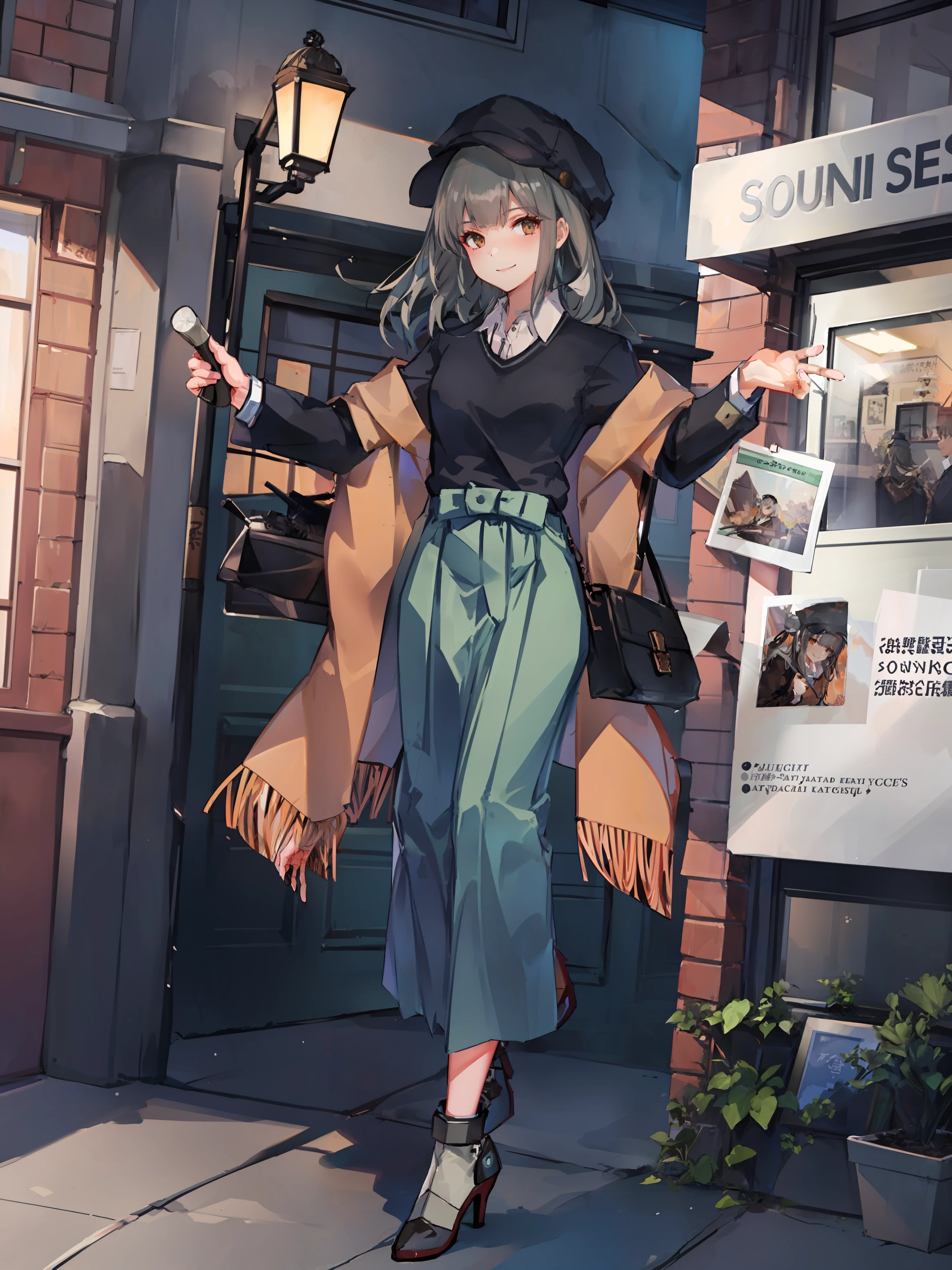 yubari otaru \(kancolle\), 1girl, solo, green skirt, full body, hat, black sweater, bar \(place\), alternate costume, high heels, black headwear, shirt, skirt, smile, sweater, alternate hairstyle, shawl, standing, grey hair, long sleeves, looking at viewer, original, intricate detail, illustration, masterpiece, extremely detailed CG unity 8k wallpaper, highlight, sharpening, dynamic, <lora:Yubari-4:0.8>,