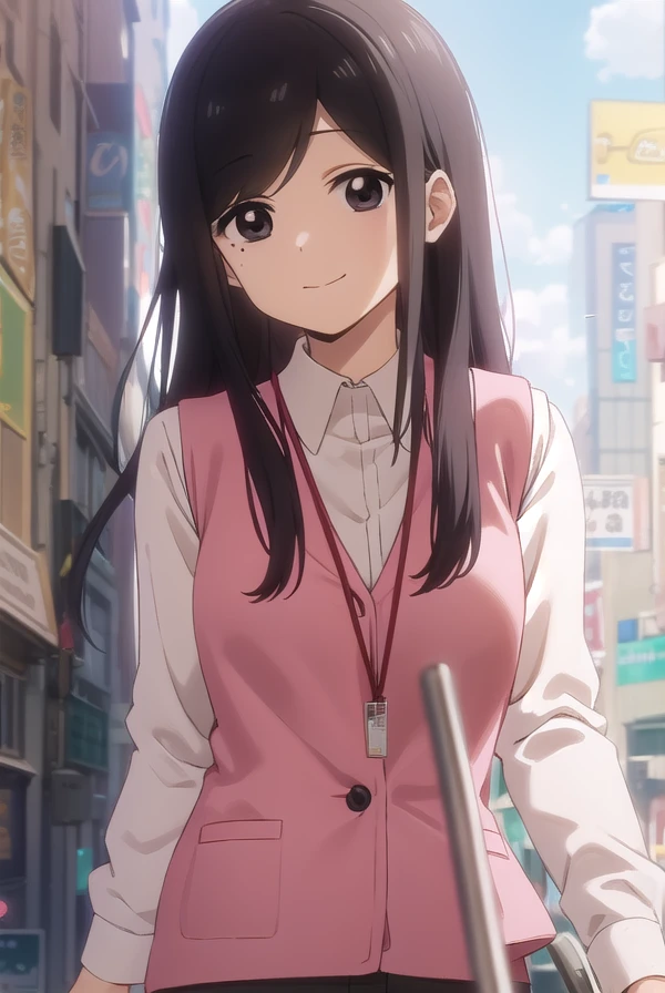 toukosakurai, <lora:touko sakurai s1-lora-nochekaiser:1>,
touko sakurai, black hair, (black eyes:1.5), sidelocks, medium hair, mole, mole under eye, (swept bangs:1.5), smile,
BREAK shirt, long sleeves, collared shirt, pants, vest, office lady, id card, lanyard, (pink vest:1.2),
BREAK indoors, office,
BREAK looking at viewer, (cowboy shot:1.5),
BREAK <lyco:GoodHands-beta2:1>, (masterpiece:1.2), best quality, high resolution, unity 8k wallpaper, (illustration:0.8), (beautiful detailed eyes:1.6), extremely detailed face, perfect lighting, extremely detailed CG, (perfect hands, perfect anatomy),