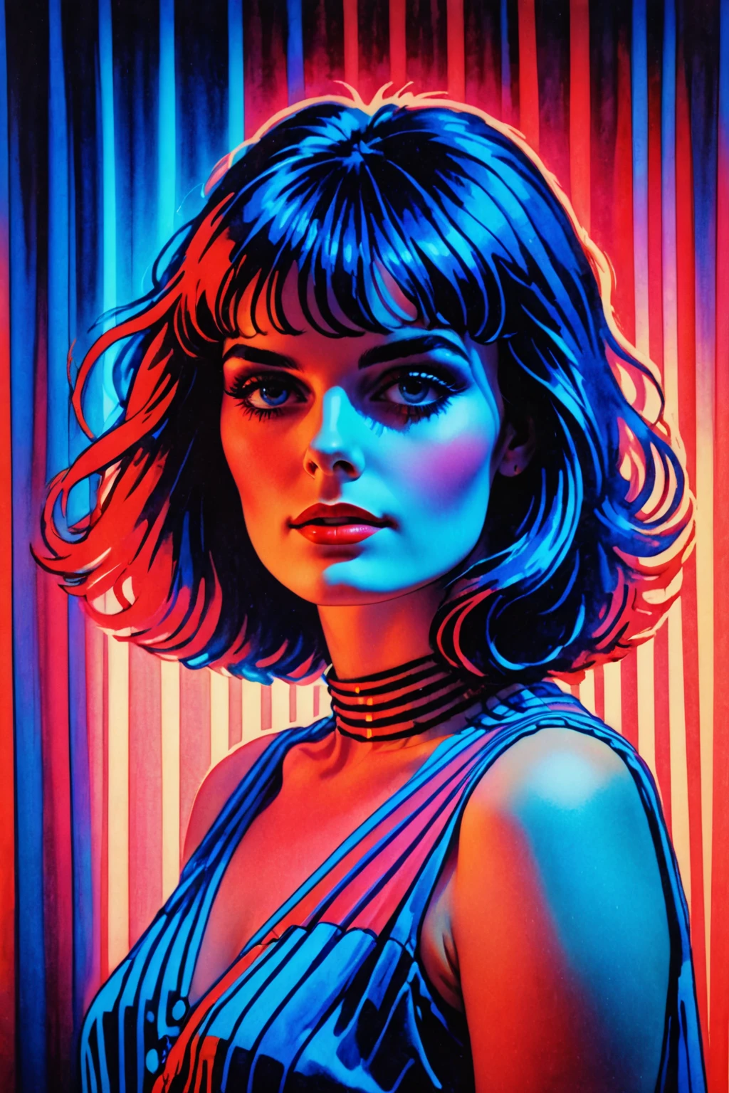 retro ink,portrait of a woman, neon, Curtain bangs, Red ,Blue glow, <lora:Retro_Ink_SDXL:.8>