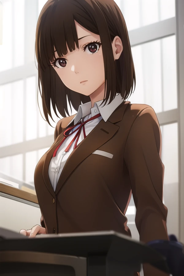 chiyokurihara, <lora:chiyo kurihara s1-lora-nochekaiser:1>,
chiyo kurihara, brown hair, (brown eyes:1.5), short hair, bangs, blunt bangs,
BREAK ribbon, school uniform, jacket, red ribbon, neck ribbon, blazer,
BREAK indoors, classroom, school,
BREAK looking at viewer, (cowboy shot:1.5),
BREAK <lyco:GoodHands-beta2:1>, (masterpiece:1.2), best quality, high resolution, unity 8k wallpaper, (illustration:0.8), (beautiful detailed eyes:1.6), extremely detailed face, perfect lighting, extremely detailed CG, (perfect hands, perfect anatomy),