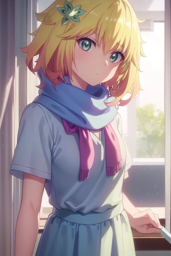 taprissugarbellchisaki, <lora:tapris sugarbell chisaki s1-lora-nochekaiser:1>,
tapris sugarbell chisaki, short hair, blonde hair, hair ornament, (green eyes:1.3), flower, hair flower,
BREAK dress, school uniform, scarf, serafuku, short sleeves,
BREAK indoors, classroom,
BREAK looking at viewer, (cowboy shot:1.5),
BREAK <lyco:GoodHands-beta2:1>, (masterpiece:1.2), best quality, high resolution, unity 8k wallpaper, (illustration:0.8), (beautiful detailed eyes:1.6), extremely detailed face, perfect lighting, extremely detailed CG, (perfect hands, perfect anatomy),