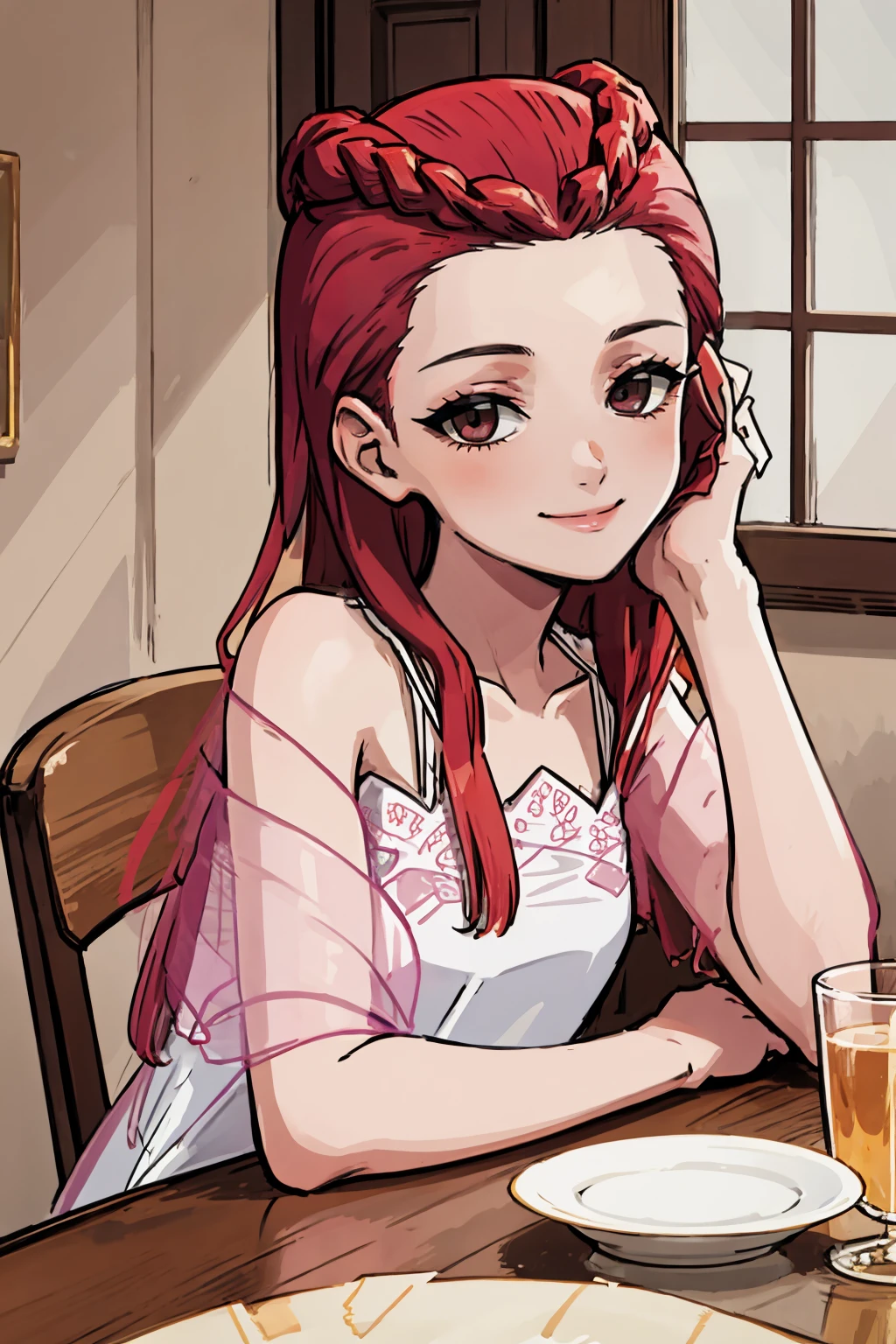 ((masterpiece,high quality,4k)),beutiful women,beautiful delicated eyelashes,red hair,(purple lips),black shirt,outdoor,cleavage,jeans,(bare belly),wavy hair,blush,indoors, solo,white clothes<lora:Nana_conan_v1:0.7>