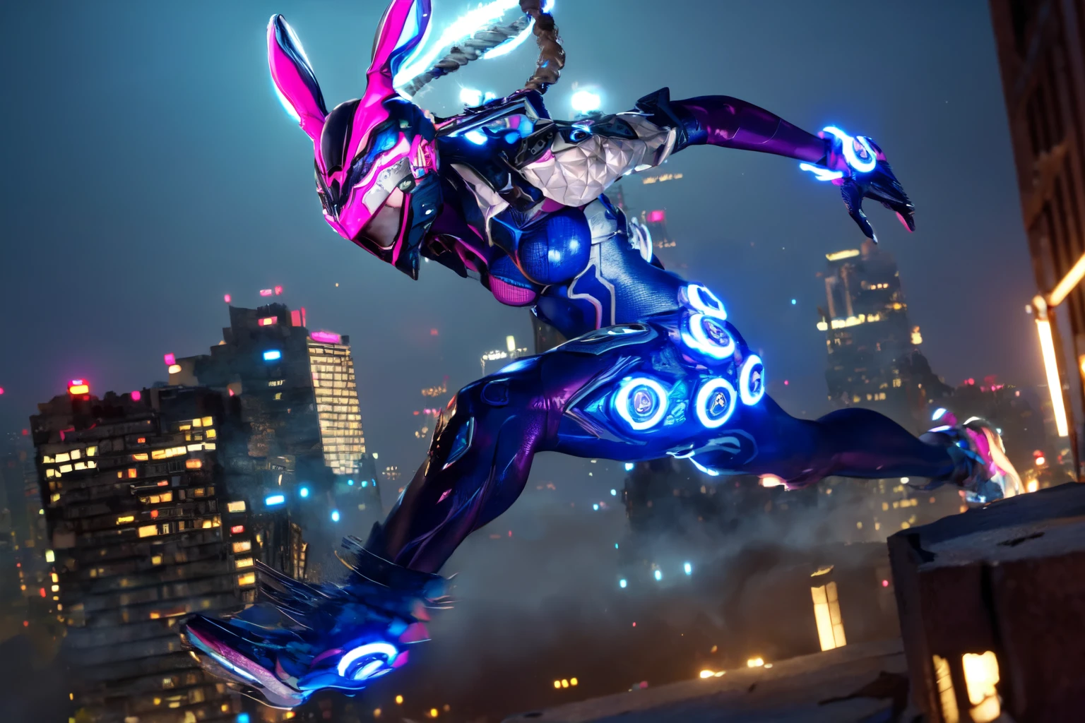 (a woman jumping in ruins of a city, dynamic motion at night, dark, foggy,), beautiful eyes, beautiful girl, high detail skin, high detail eyes, high detail hair, highres, ultra detailed, sharpen picture, Highly detailed, masterpiece, best quality, photorealistic,
<lora:BunnyLoRA:1> 1girl, helmet, rabbit ears, ponytail, bodysuit, lightning, glowing, pinkskin