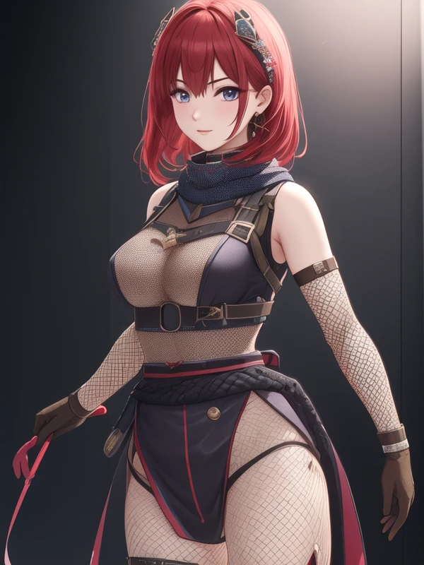 <lora:ninja_girl_v1:1>ninja,1girl,standing,fishnet top, (hyper extreme detailed),(masterpeace),(hyper extreme),(photorealistic:0.5),CG,(colour:1.2), beautiful lighting,light from the front,official art,dark light,best quality,4k,8k, high quality, game cg,