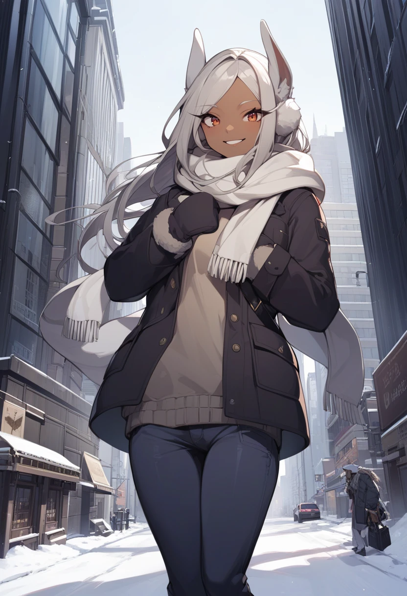 solo, 1girl, mirkodef, dark skin, muscular, smile, looking at viewer, winter clothes, fur-trimmed coat, pants, scarf, mittens, outdoors, snow, cityscape scenery <lora:lora:1>