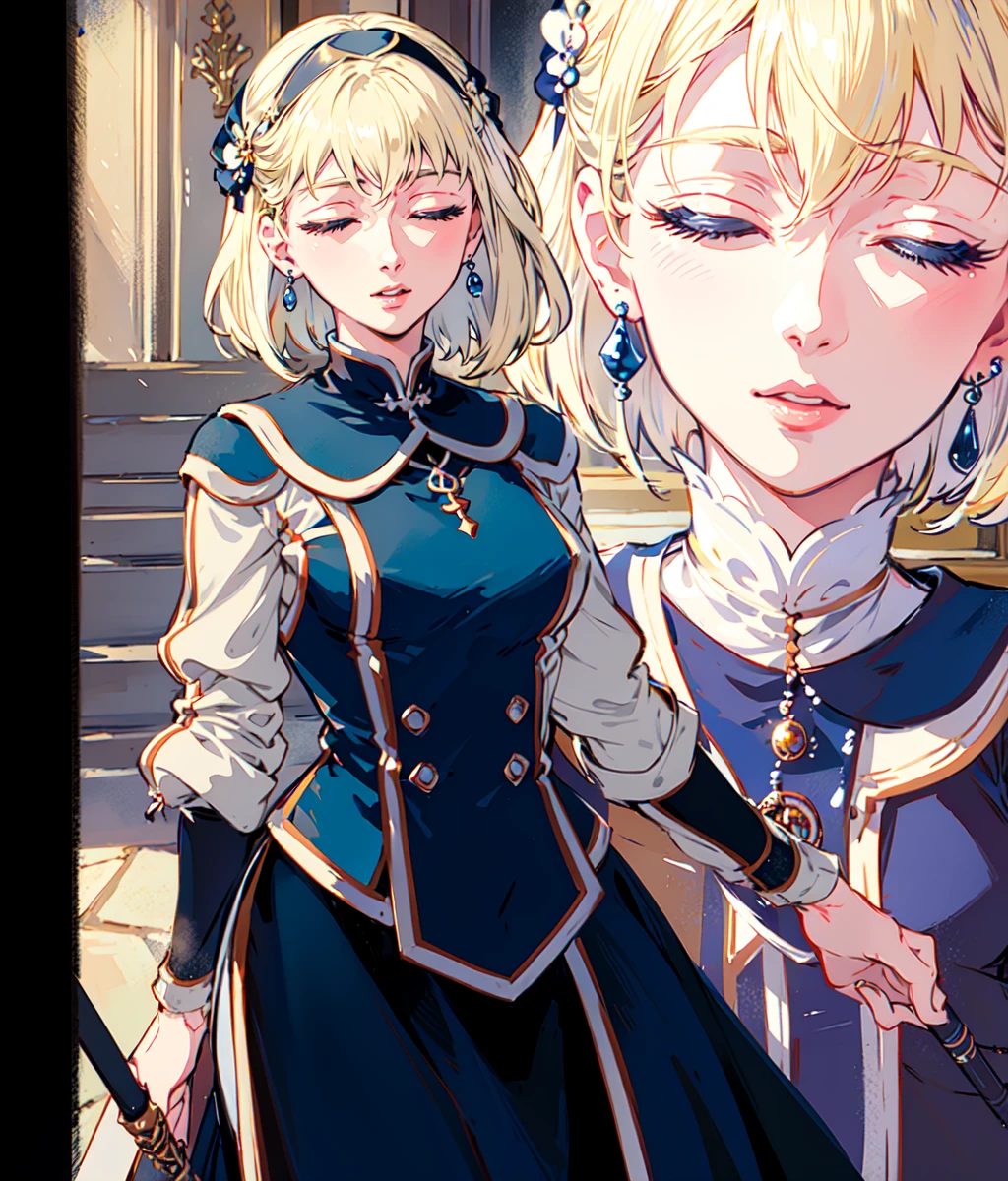 masterpiece, high res, detailed face, detailed eyes, anime screencap, 1 girl, solo, tear, closeup, short hair, white blonde hair, medium breasts, blue dress, staff, serious, indoors, church, (((closed eyes))), cowboy shot <lora:Sarah:0.8>