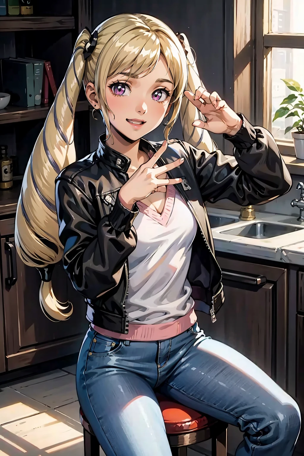 masterpiece, best quality,  <lora:EPfeElise-10:1> EPfeElise, blonde hair, twintails, seating chart, kitchen, dusk, claw pose, leather jacket, pants, smile