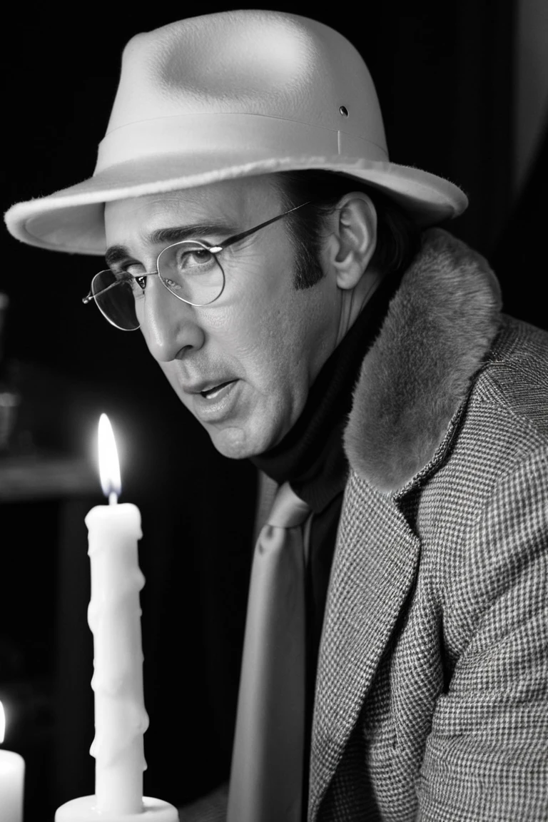 photograph, shot from behind of a Awe-Inspiring (Nicolas Cage:1.1) , he is dressed in Trapper hat, his Trapper hat is tailored by Marc Jacobs and Thom Browne, looking away from camera, Psychedelic and Vivid Horn-rimmed glasses, Candle light, Cinestill, Sony A7, 50mm, Monochrome, perfect skin