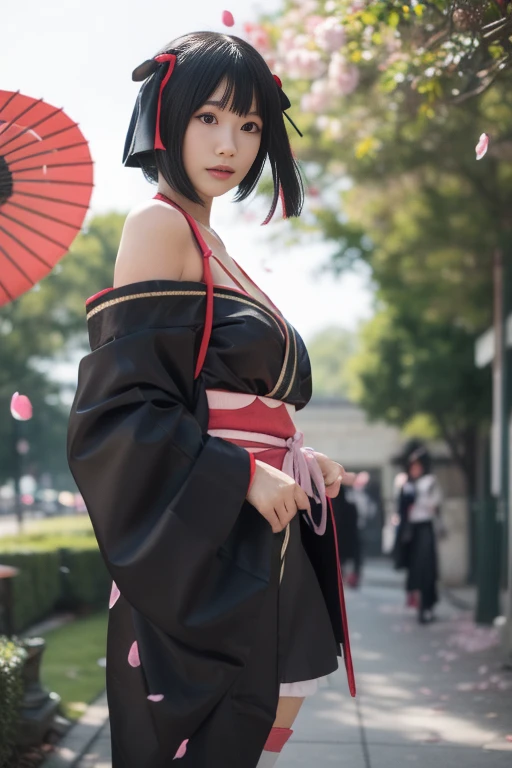 ltra-detailed,highly detailed,best quality,masterpiece,illustration,realistic,photorealistic,
1girl, solo, cosplay,
yaya, yaya-kimono, kimono, japanese clothes, halterneck, black kimono, thighhighs, zettai ryouiki, lace-trimmed skirt,
cowboy shot, looking at viewer,
outdoors, day, nature,wind,floating hair, falling petals,
<lora:yaya_v1_04:0.7>