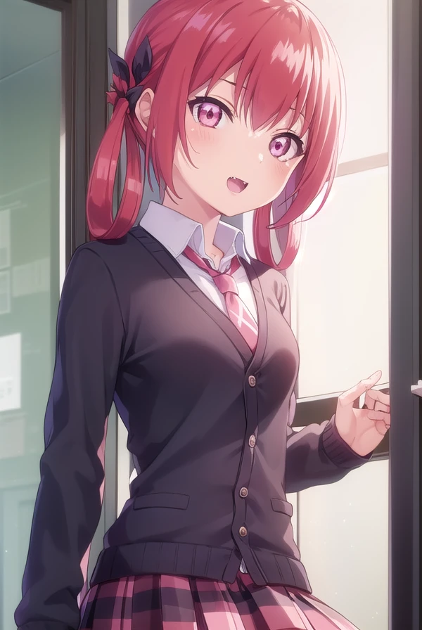satanichiakurumizawamcdowell, <lora:satanichia kurumizawa mcdowell s1-lora-nochekaiser:1>,
satanichia kurumizawa mcdowell, hair ornament, red hair, hair rings, bat hair ornament, (pink eyes:1.3), fang, smile, open mouth, smug,
BREAK skirt, shirt, school uniform, pleated skirt, necktie, shoes, socks, collared shirt, plaid, kneehighs, black shirt, plaid skirt, cardigan, black socks, inverted cross, (brown cardigan:1.2),
BREAK indoors, classroom,
BREAK looking at viewer, (cowboy shot:1.5),
BREAK <lyco:GoodHands-beta2:1>, (masterpiece:1.2), best quality, high resolution, unity 8k wallpaper, (illustration:0.8), (beautiful detailed eyes:1.6), extremely detailed face, perfect lighting, extremely detailed CG, (perfect hands, perfect anatomy),