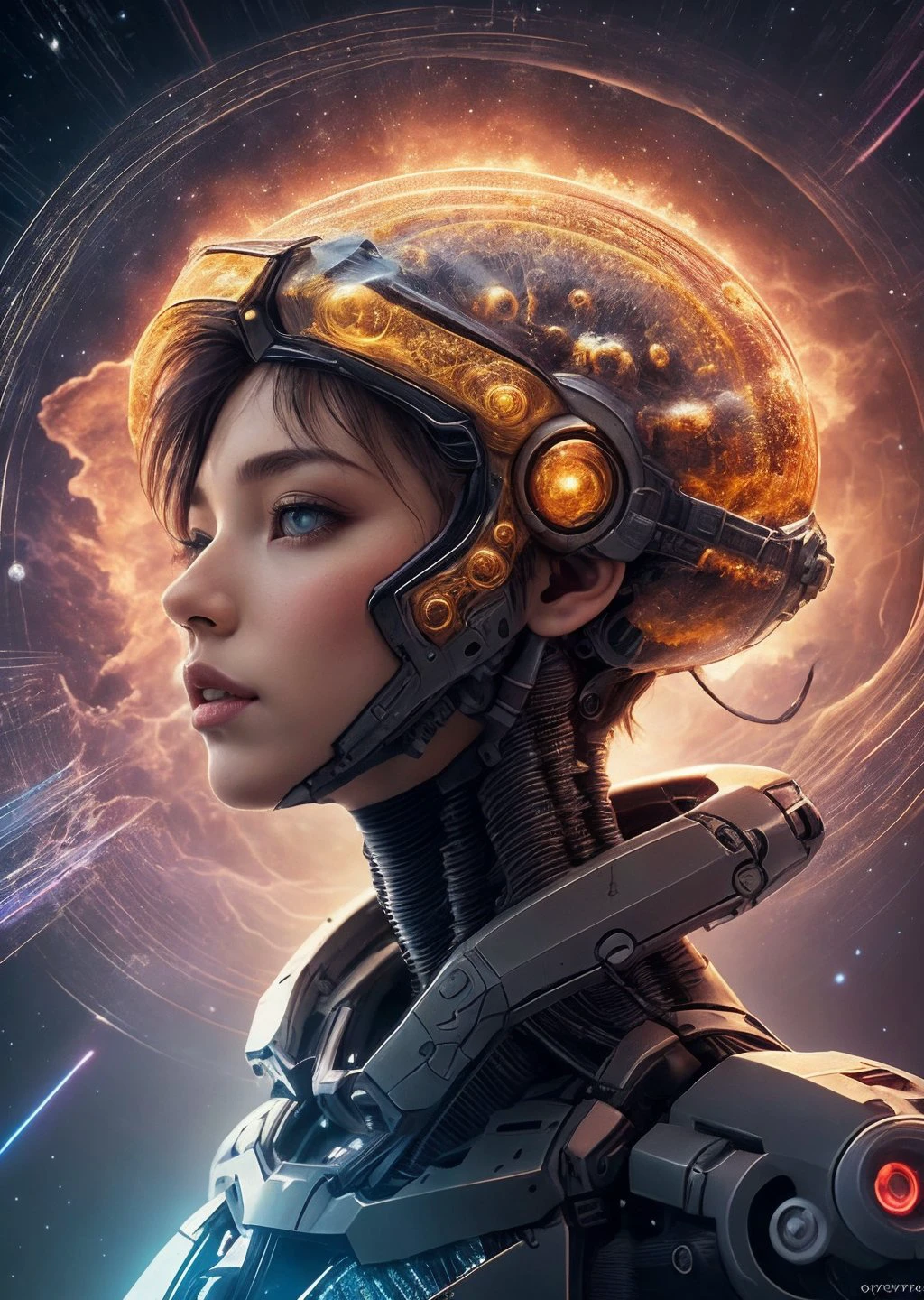 an award winning photograph of halo, intricate cyberpunk robot, highly detailed, soft bokeh Deep space nebula background, art by mooncryptowow and popular science <lora:wowifierV3:0.8>, black girl, Light brown head, speak, confusion