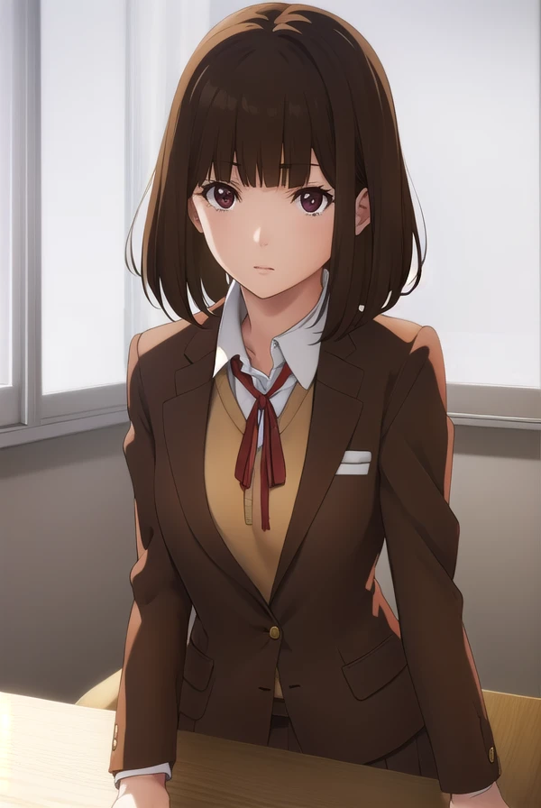 chiyokurihara, <lora:chiyo kurihara s1-lora-nochekaiser:1>,
chiyo kurihara, brown hair, (brown eyes:1.5), short hair, bangs, blunt bangs,
BREAK ribbon, school uniform, jacket, red ribbon, neck ribbon, blazer,
BREAK indoors, classroom, school,
BREAK looking at viewer, (cowboy shot:1.5),
BREAK <lyco:GoodHands-beta2:1>, (masterpiece:1.2), best quality, high resolution, unity 8k wallpaper, (illustration:0.8), (beautiful detailed eyes:1.6), extremely detailed face, perfect lighting, extremely detailed CG, (perfect hands, perfect anatomy),