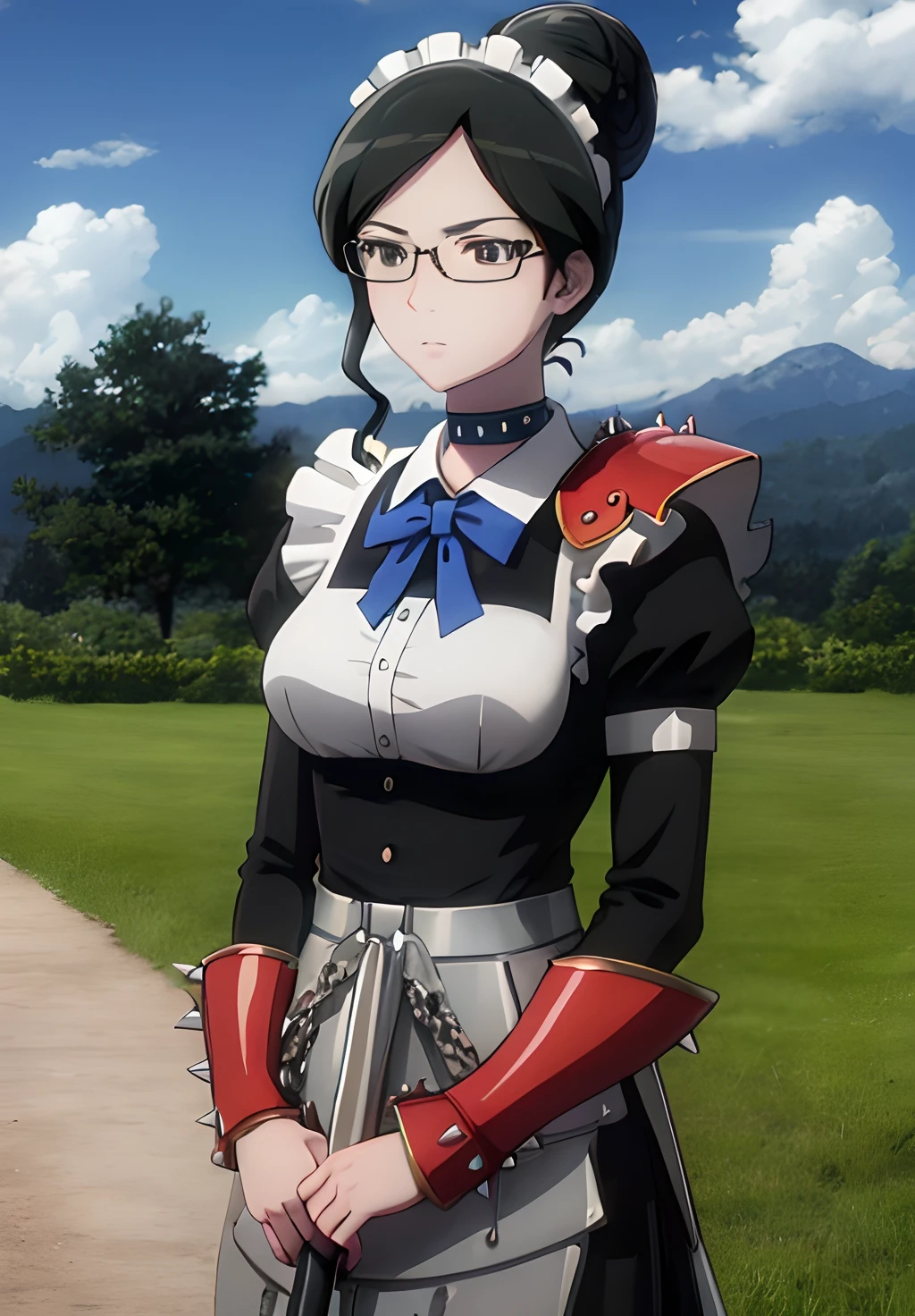 <lora:Overlord:0.8>, Overlord, Yuri_Alpha, solo, long hair, looking at viewer, skirt, brown hair, shirt, hair ornament, thighhighs, gloves, long sleeves, 1boy, dress, bow, ribbon, holding, brown eyes, jewelry, medium breasts, closed mouth, standing, yellow eyes, upper body, weapon, cowboy shot, outdoors, frills, sky, solo focus, alternate costume, choker, day, midriff, puffy sleeves, belt, sword, cloud, bowtie, black skirt, medium hair, holding weapon, armor, blurry, black eyes, apron, black dress, collar, tree, blue sky, v-shaped eyebrows, looking to the side, maid, sash, maid headdress, buttons, depth of field, blurry background, swept bangs, frown, black choker, blue bow, expressionless, looking down, single hair bun, cloudy sky, grass, cross, crossover, high ponytail, blue ribbon, juliet sleeves, polearm, brooch, shoulder armor, gauntlets, building, gem, waist apron, white apron, semi-rimless eyewear, bright pupils, pelvic curtain, corset, tsurime, spikes, side slit, maid apron, black-framed eyewear, pauldrons, under-rim eyewear, monster, shield, folded ponytail, serious, tabard, breastplate, mountain, dragon, arms at sides, bun cover, underbust, blue bowtie, armored dress, vambraces, armored boots, hair up, computer, looking afar, aura, greaves, television, shoulder pads, spiked collar, rimless eyewear, hammer, faulds, broken, waist cape, laptop, knight, glaring, full armor, holding shield, power armor, shoulder spikes, rectangular eyewear, grey-framed eyewear, mace, chainmail, boobplate, spiked choker