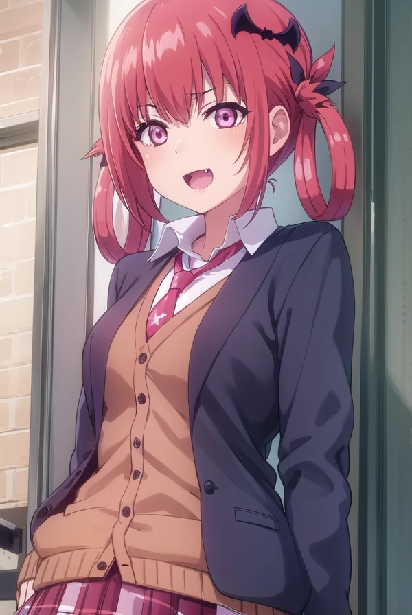 satanichiakurumizawamcdowell, <lora:satanichia kurumizawa mcdowell s1-lora-nochekaiser:1>,
satanichia kurumizawa mcdowell, hair ornament, red hair, hair rings, bat hair ornament, (pink eyes:1.3), fang, smile, open mouth, smug,
BREAK skirt, shirt, school uniform, pleated skirt, necktie, shoes, socks, collared shirt, plaid, kneehighs, black shirt, plaid skirt, cardigan, black socks, inverted cross, (brown cardigan:1.2),
BREAK indoors, classroom,
BREAK looking at viewer, (cowboy shot:1.5),
BREAK <lyco:GoodHands-beta2:1>, (masterpiece:1.2), best quality, high resolution, unity 8k wallpaper, (illustration:0.8), (beautiful detailed eyes:1.6), extremely detailed face, perfect lighting, extremely detailed CG, (perfect hands, perfect anatomy),