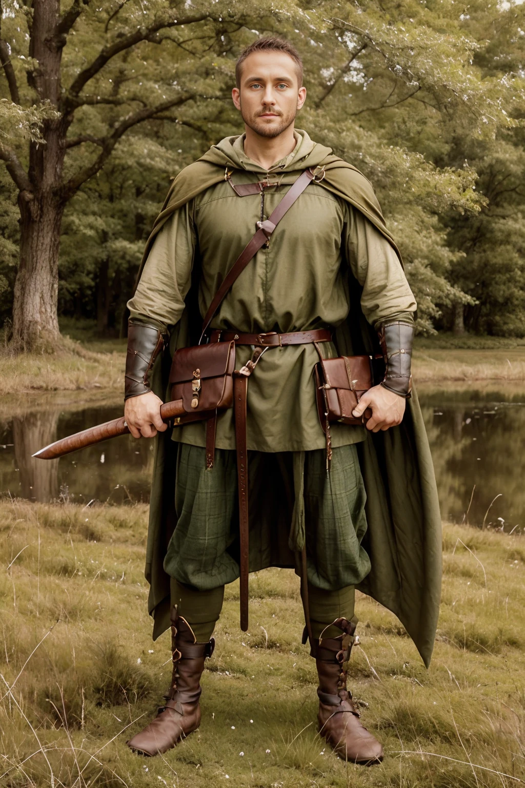 standing in a marshy pasture, oak trees in the background, MylesLandon wearing norsemenclothes, green tunic, green cloak, leather satchel, leather belt, leather vambraces, green pants, holding a viking sword, (((full body portrait))), wide angle  <lora:MylesLandon:0.8>    <lora:NorseMenClothes:0.75>