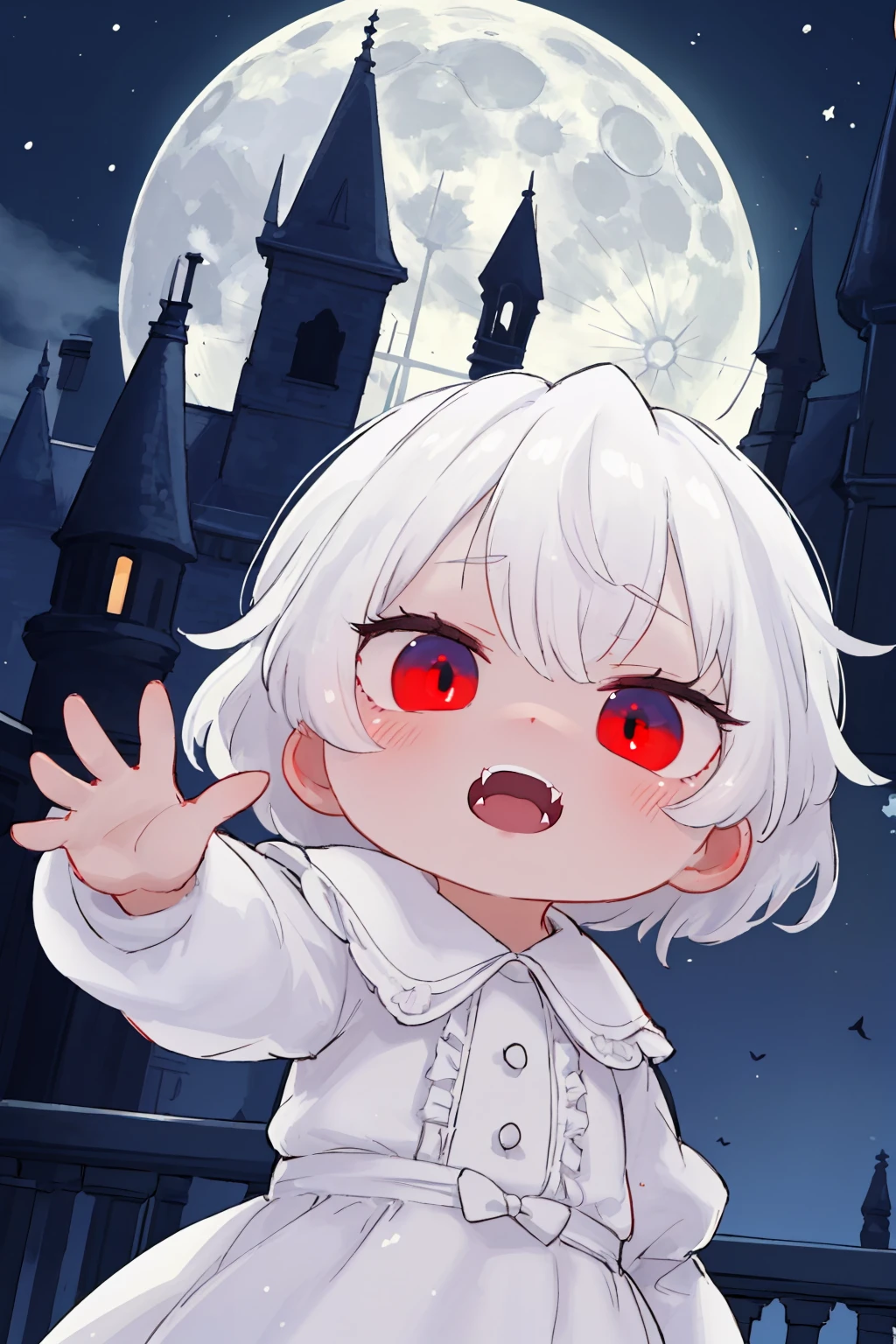 masterpiece, best quality,8K,moonlight, Night, Moon, (White hair:1.2), Girl, Vampire, white dress, Closed mouth, Sad, Castle,red eyes, looking at viewer, bangs,open mouth, teeth,(fangs:1.2),(glowing eyes:1.2),red pupil,upper body, waving,