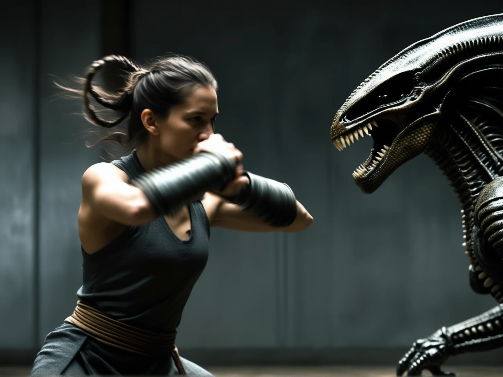 upper body epic realistic portrait of (young [german:tibetan:0.4] woman:1.2) practicing (wu-xing fighting:0.9) against the (brutal xenomorph ninja:1.25), blurry xenomorphs in smooth background with bokeh, realistic feminine anatomy, real female limbs proportions, intricate wavy kung-fu dress, (perfect feminine hands, correct fingers, ideal arms, artistic dynamic pose:1.25)wor, film grain, realism, hyperrealistic, (shallow depth of field, frontal bokeh, light particles flying in air, volumetric light, light caustics, refraction, reflection, v-ray, ray tracing:1.15)