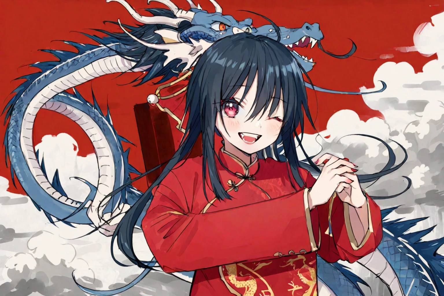 (palm-fist greeting:1.2),(bainian pose),(nice hands,perfect hands:1.2),<lora:bainianPoseXL:1>,(1girl:1.2),(solo:1.5),masterpiece,best quality,highly detailed,highres,extremely detailed wallpaper,smile,open mouth,teeth,one red chinese dragon,dragon head,ink,ink painting,close one eye,;),cloud,