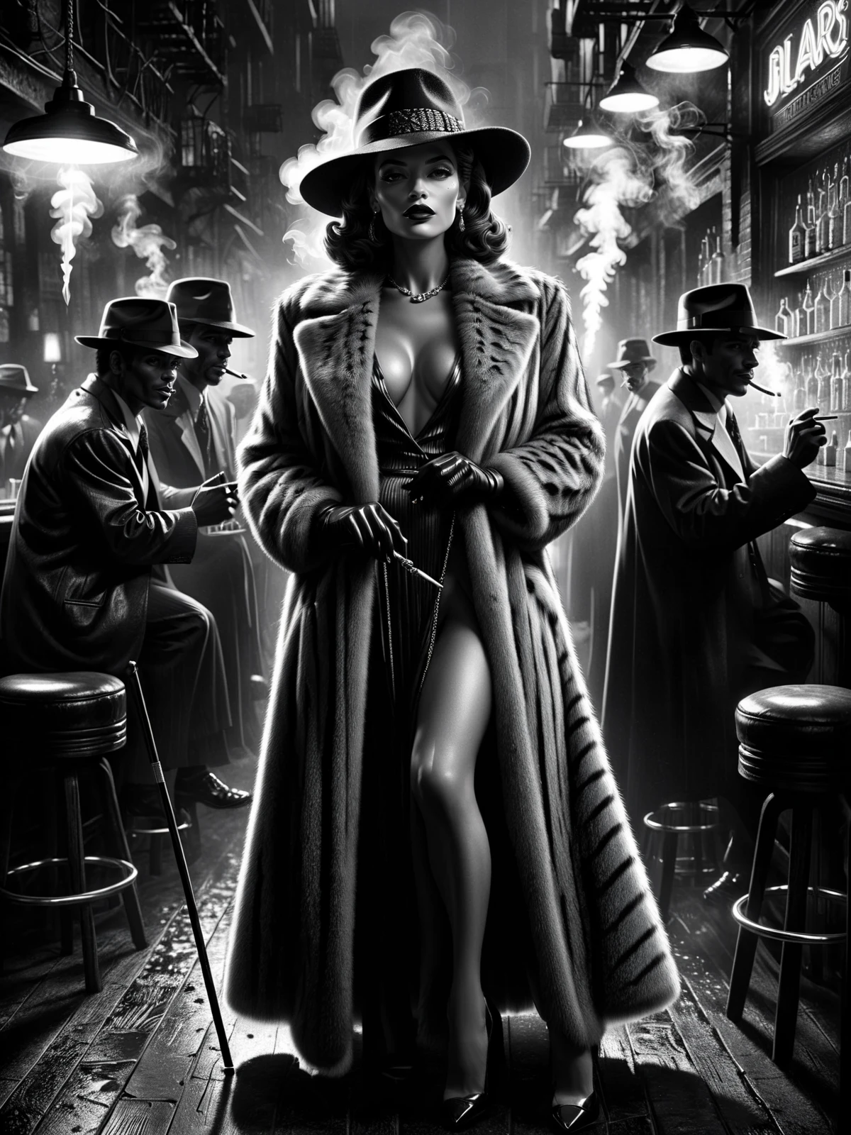 hooker and a pimp in a seedy bar, a large, fur coat, a wide-brimmed hat, flashy jewelry, and carries a cane crowded, smoke, 1940, detective noir <lora:Sin_City_Movie_Style_SDXL:1> mad-sincity, (masterpiece:1.2), best quality, (hyperdetailed, highest detailed:1.2), high resolution textures