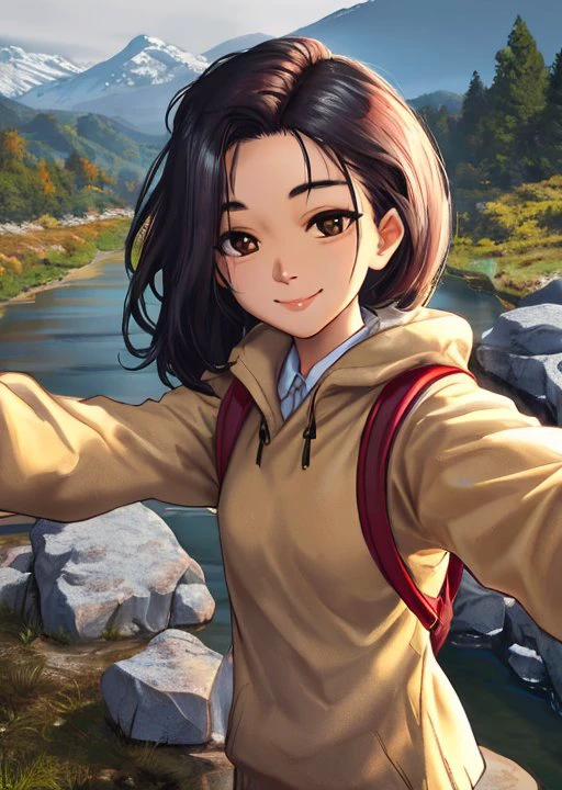 ((selfie)) photo of MeiyuCipher, smiling, outdoors, mountains, wearing a backpack, sweater, and hiking jacket, rocks, river, wood, analog style (look at viewer:1.2) (skin texture), close up, cinematic light, sidelighting,