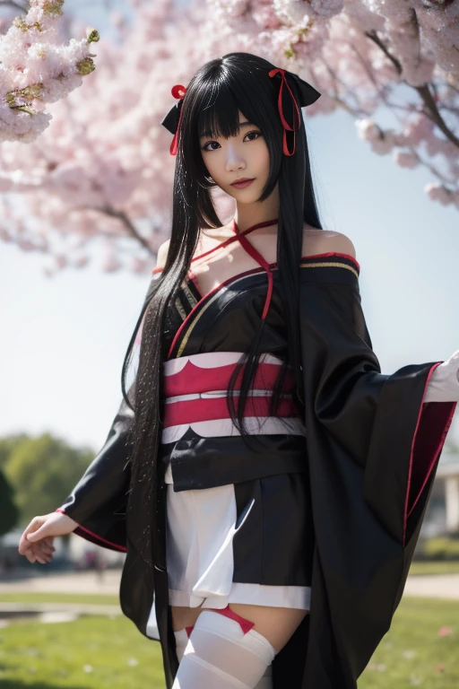 ltra-detailed,highly detailed,best quality,masterpiece,illustration,realistic,photorealistic,
1girl, solo, cosplay, 
yaya, yaya-kimono, kimono, japanese clothes, halterneck, black kimono, thighhighs, zettai ryouiki, ribbon, 
cowboy shot, looking at viewer, 
outdoors, day, nature,wind,floating hair, falling petals, 
 <lora:yaya_v1_04:0.7>