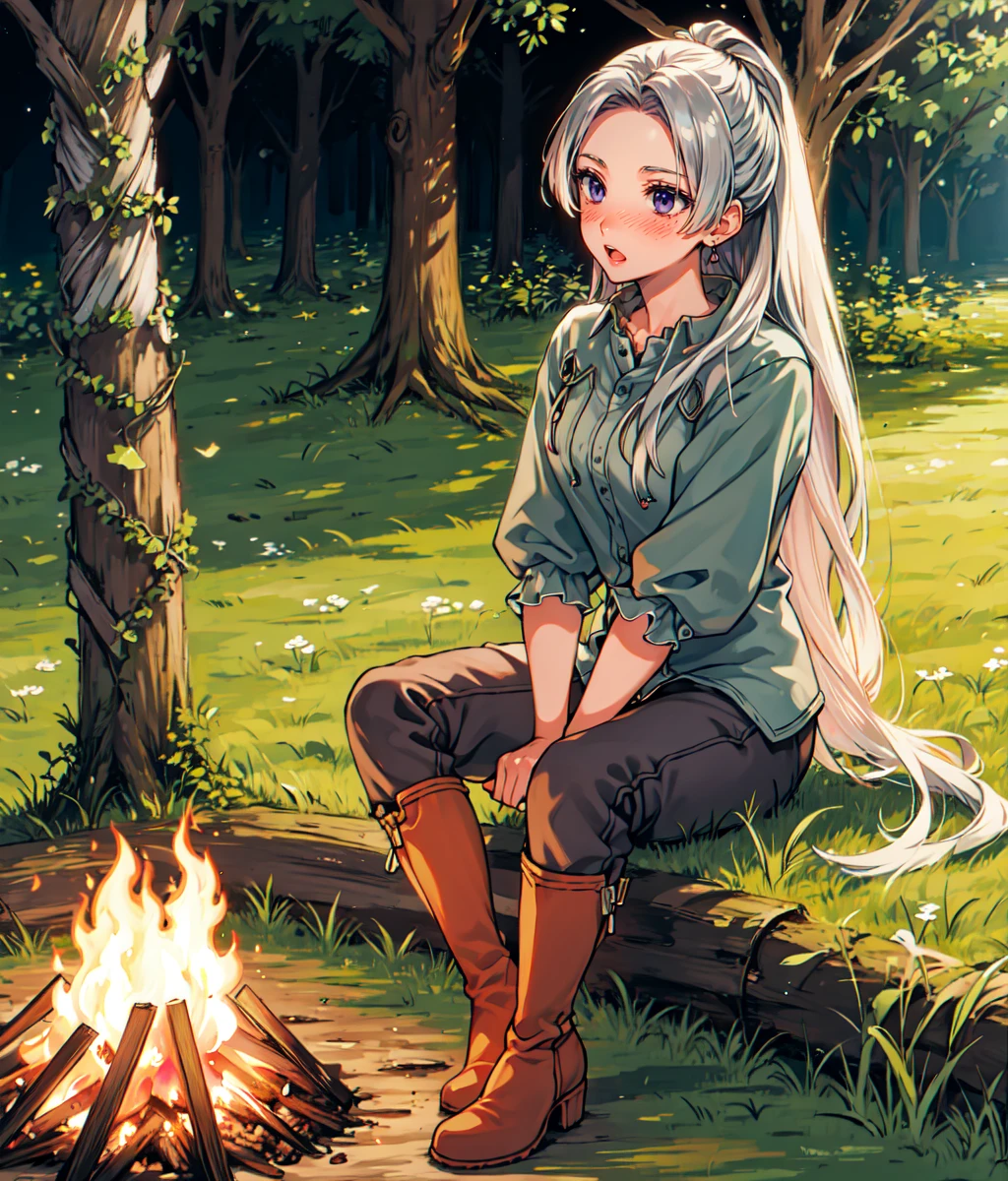 masterpiece, high res, detailed face, detailed eyes, anime screencap, 1 girl, solo, blushing, open mouth, sitting, grey hair, grey eyes, long hair, green shirt, brown shorts, high boots, standing, full body, outdoors,forest, night, campfire, bonfire, <lora:Chris lightfellow:1>
