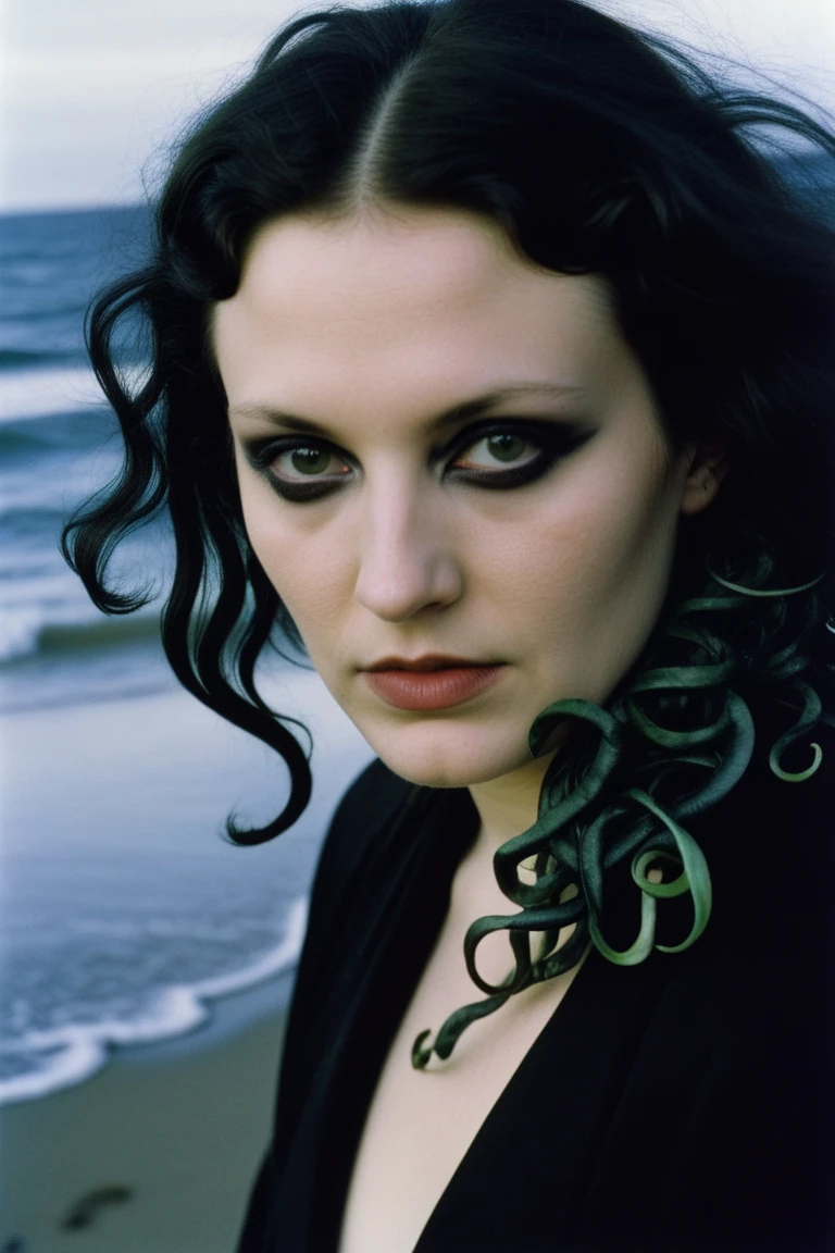 (by Lena Alexander:0.8) , photograph, (wakame:1.1) , beach, deep focus, demure Goth, Rembrandt lighting, Kodak UltraMax 400, F/8, Dark hue, rainbow swirl, close-up, gothic
