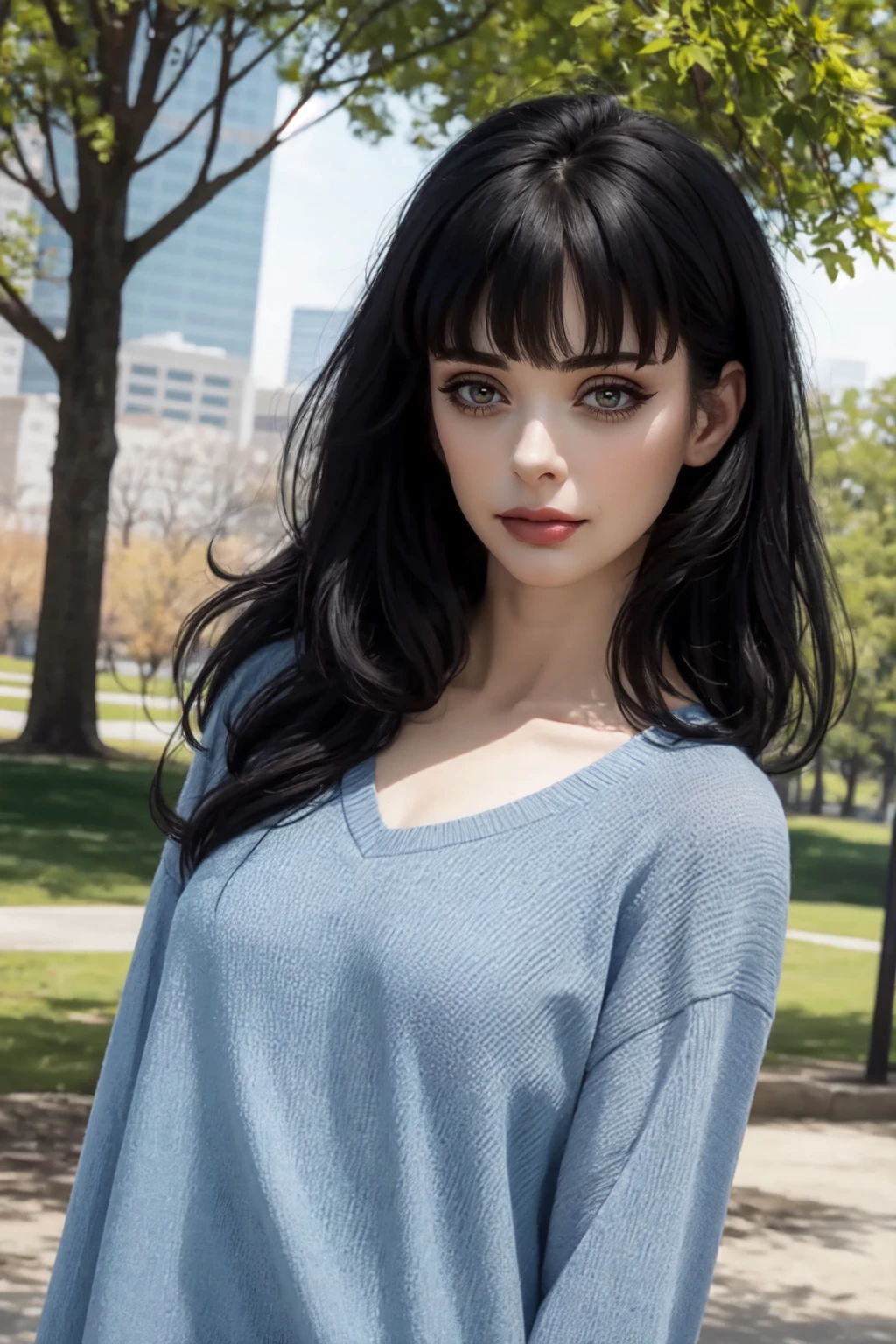 <lora:mondongo_LoRA_KrystenRitter:1> mndngwmn, bangs, (ultra realistic, 8k,high quality),(medium shot), wearing casual clothes, on the park