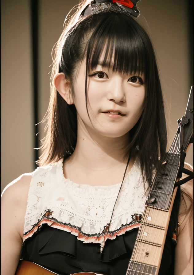 woman,masterpiece, photorealistic, detailed, RAW color photo,(fully in frame:1.1),n4k4m0t0,bangs, detailed skin texture, (blush:0.5), (goosebumps:0.5), hair bow, suzuka nakamoto,japanese <lora:n4k4m0t0_locon:1>(holding a guitar:1.2)