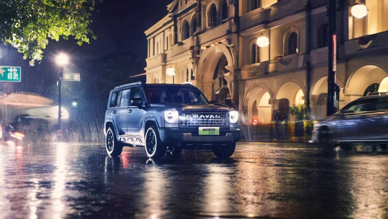 a blue Menglong B26 driving down a wet street at night, with a building and a street lamp in the background.. photo, realistic <lora:sdxl_menglong_b26_9_16:1.0>