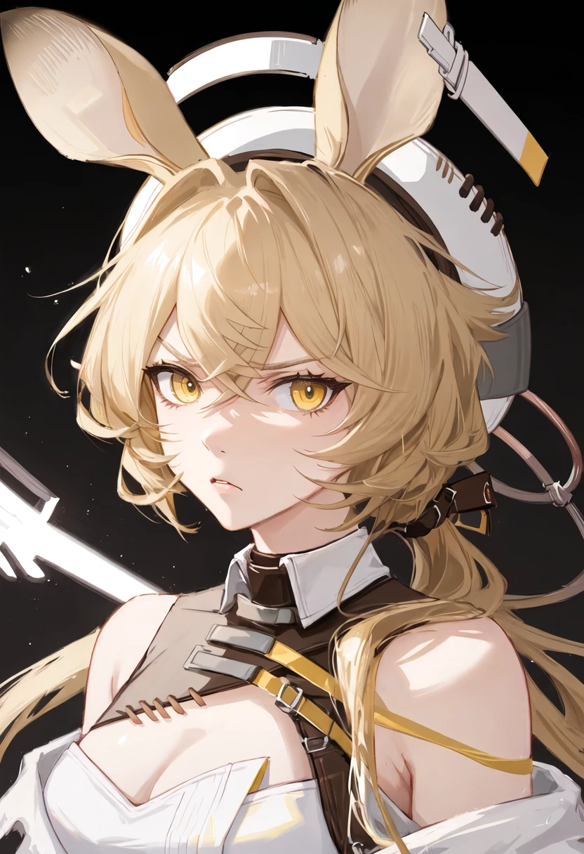 best quality, masterpiece, highres, solo, {dorothy_arknights:1.15}, animal_ears, blonde_hair, yellow_eyes, long_hair, mouse_ears, white_headwear, hat, hair_between_eyes, breasts, bangs, upper_body, mouse_girl, smile, cleavage, closed_mouth, medium_breasts, large_breasts, 1girl, bare_shoulders, looking_at_viewer, white_background, cleavage_cutout, simple_background, parted_lips