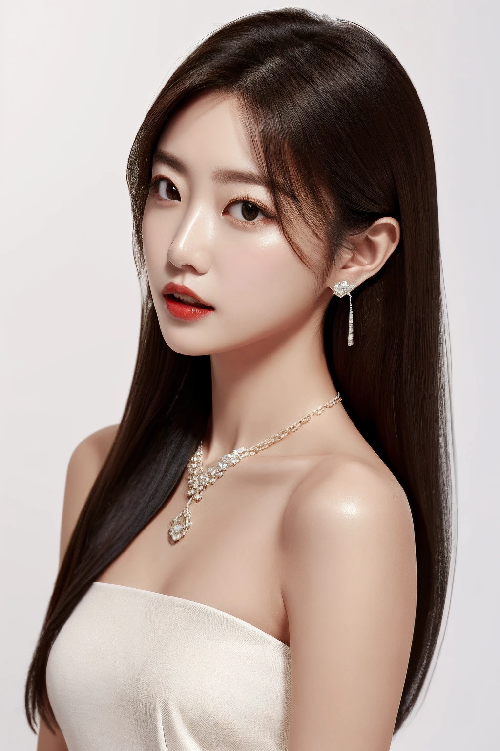 1girl, solo, jewelry, long hair, earrings, dress, necklace, brown hair, realistic, simple background, white background, black hair, lips, bare shoulders