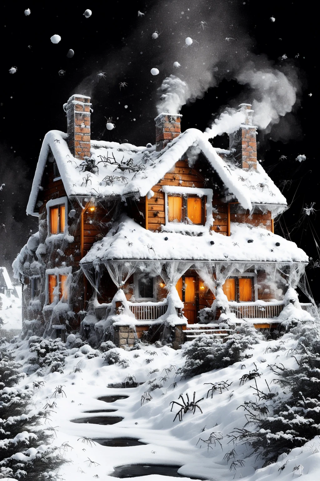 A cozy cottage in a snow-covered landscape, with smoke curling from the chimney, ais-spiderz spinning their webs around the windows and eaves, adding a touch of magic to the wintry scene <lora:Spiders_Style_SD1.5:1>