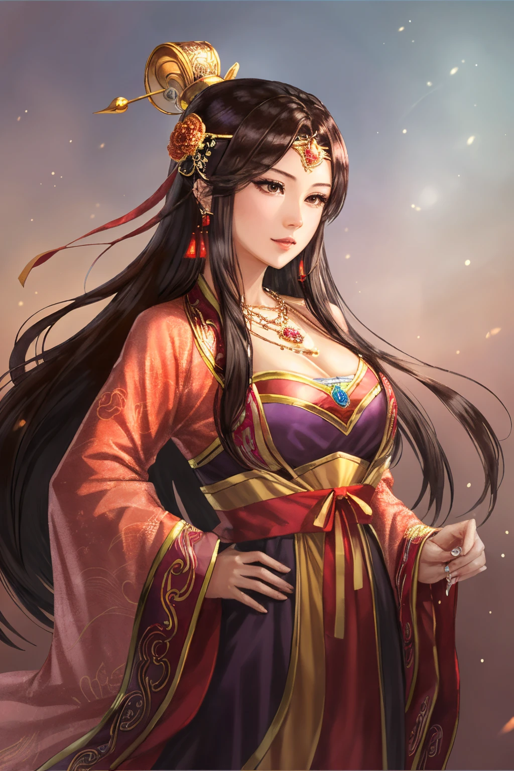 san14 beauty, 1girl, solo, long hair, hair ornament, jewelry, necklace, chinese clothes <lora:RomanceOfThreeKingdomStyle_v1:1>
