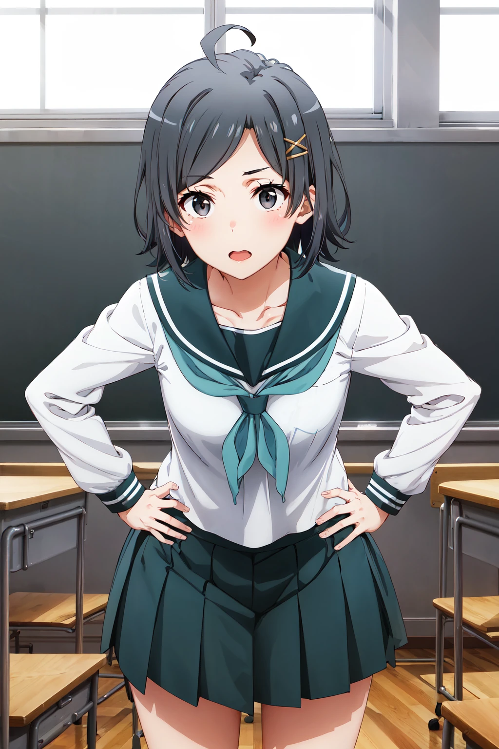 akebi komichi, (green eyes:1.5), hair between eyes, long hair, one side up, black hair, (flat chest:1.2),
BREAK black footwear, black skirt, grey sailor collar, pleated skirt, sailor collar, , shoes, short sleeves, roubaigakuen high , skirt,,
BREAK looking at viewer,
BREAK indoors, classroom,
BREAK (masterpiece:1.2), best quality, high resolution, unity 8k wallpaper, (illustration:0.8), (beautiful detailed eyes:1.6), extremely detailed face, perfect lighting, extremely detailed CG, (perfect hands, perfect anatomy),up chest.big breasts.Sad face.open mouth.put hands on the hip.Clench your fists