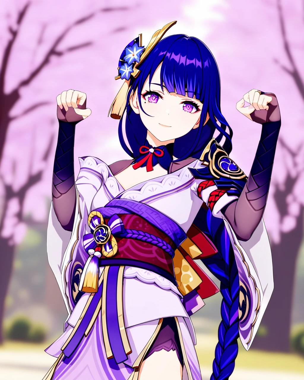 masterpiece,best quality,<lora:mmd:1>,mmd, 1girl, solo, raiden shogun, purple eyes, japanese clothes, hair ornament, purple hair, long hair, wide sleeves, bangs, looking at viewer, blurry background, bridal gauntlets, kimono, blurry, armor, mole under eye, closed mouth, shoulder armor, outdoors, flower, mole, long sleeves, upper body, braid, paw pose, tassel, sash, blunt bangs, smile, hands up, depth of field, obi, hair flower, gloves, purple flower, day, tomoe (symbol), ribbon, tree, purple kimono