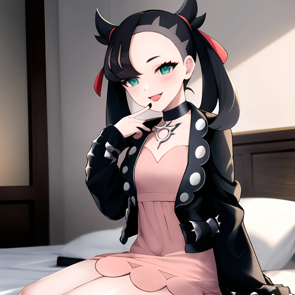 NSFW,"Create masterpieces with the highest quality, High resolution, Featuring a character named Hmmarnie. She has striking aqua eyes、wearing a black choker, red ribbon, and a jeweled pink dress and pink lace panties. she also、Has open clothes and a black jacket with long sleeves. she is cute sitting, look at the viewer. The composition should emphasize her exquisite legs to the viewer. In the background、Must show castle walls covered in vibrant graffiti.",shy face