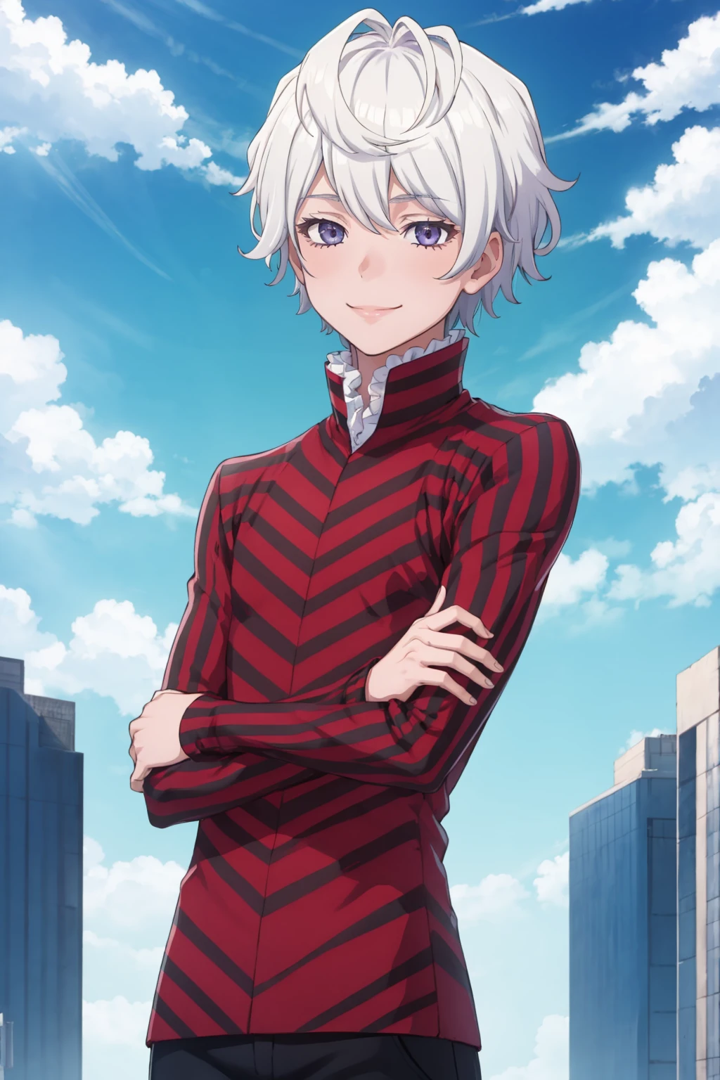 masterpiece, best quality, solo, 1boy, looking at viewer, smile, <lora:Alcor_Fp:0.9>, alcordesu2, striped shirt, pants, <lora:FE-ENGAGE S Rank_Fp:1>, sky, cloud,