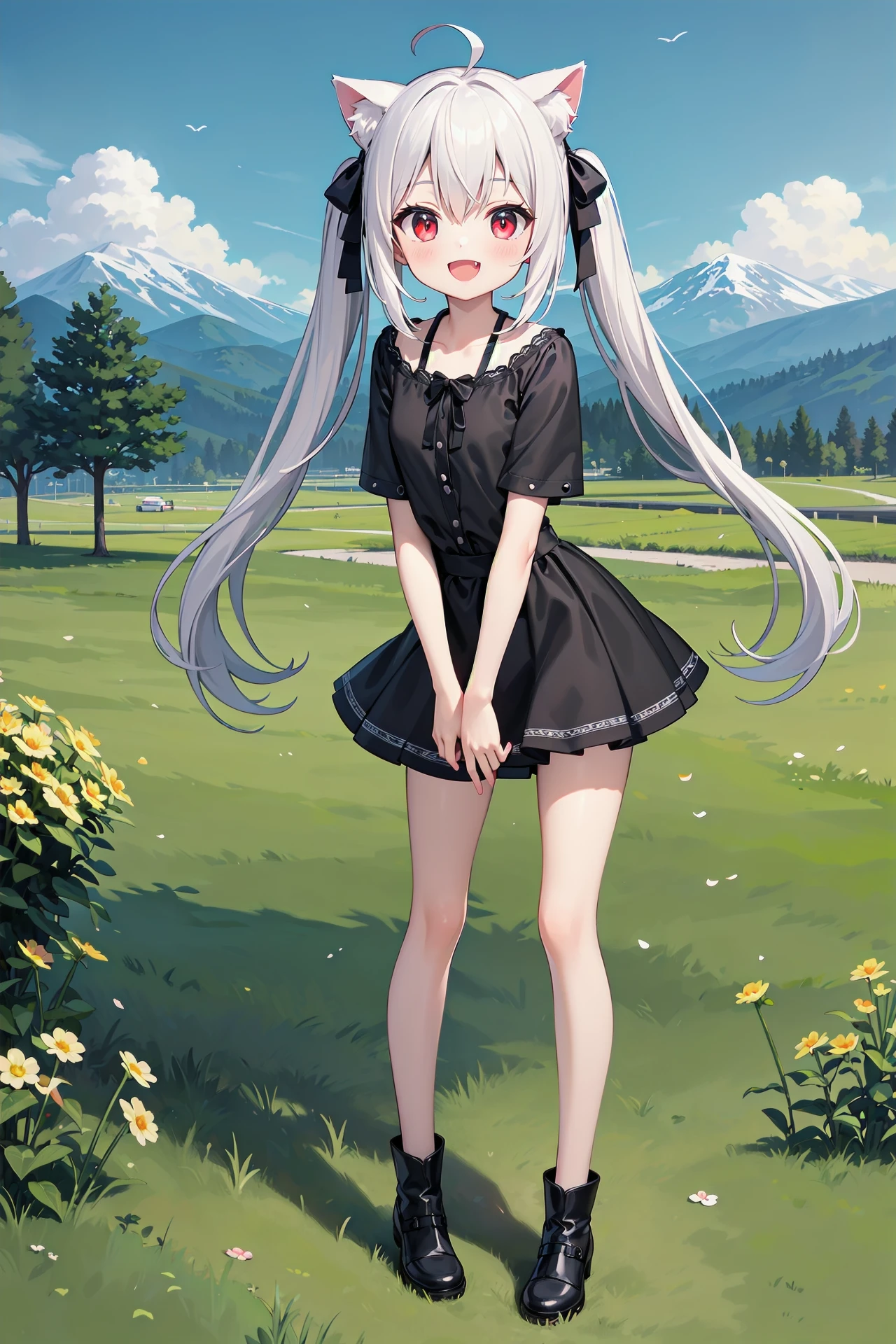 (((masterpiece))), best quality, illustration, 1girl with light white long hair, beautiful detailed red eyes, light white long straight hair, (cute), (petite), slim, solo, solo focus, standing, full body, cat ears, twintails, pure black shirt, skirt, sky, grass, mountains, smile, :d, blush, skin fang, fang