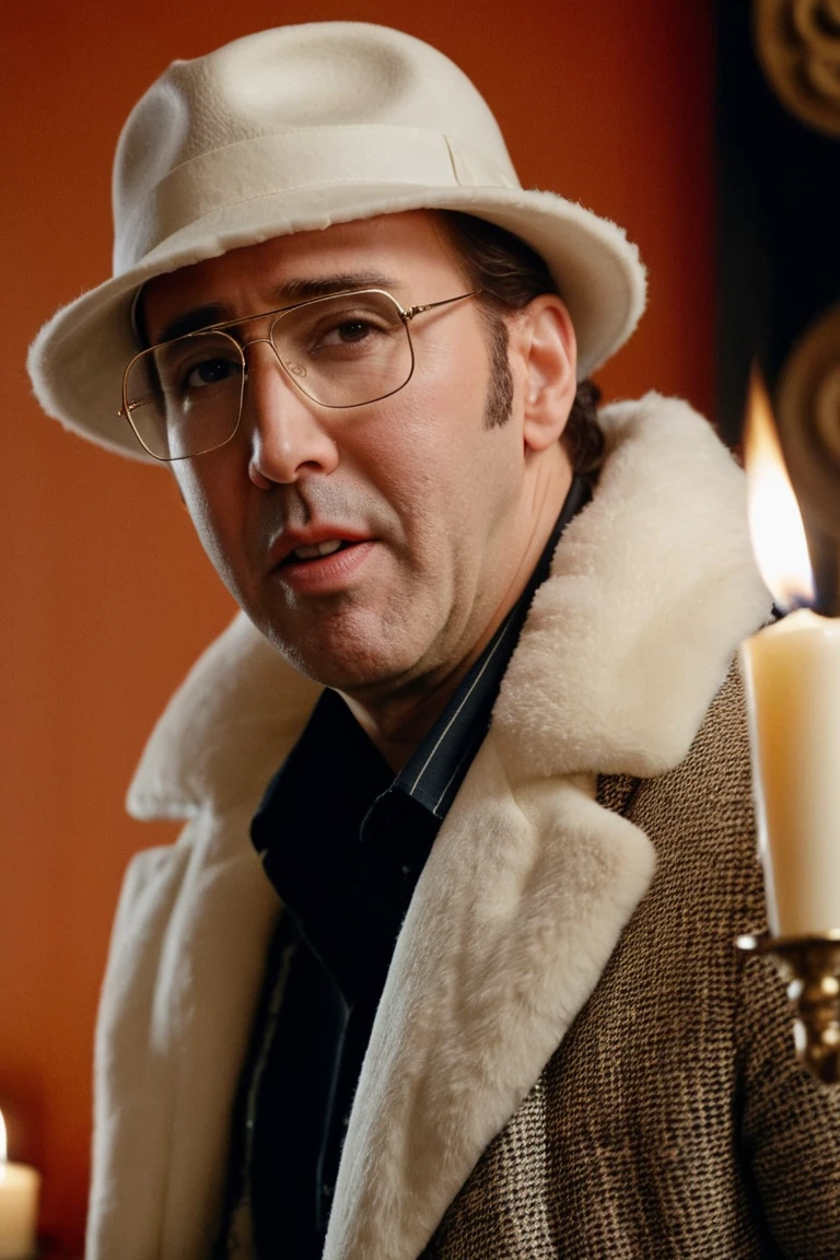 photograph, shot from behind of a Awe-Inspiring (Nicolas Cage:1.1) , he is dressed in Trapper hat, his Trapper hat is tailored by Marc Jacobs and Thom Browne, looking away from camera, Psychedelic and Vivid Horn-rimmed glasses, Candle light, Cinestill, Sony A7, 50mm, Monochrome, perfect skin