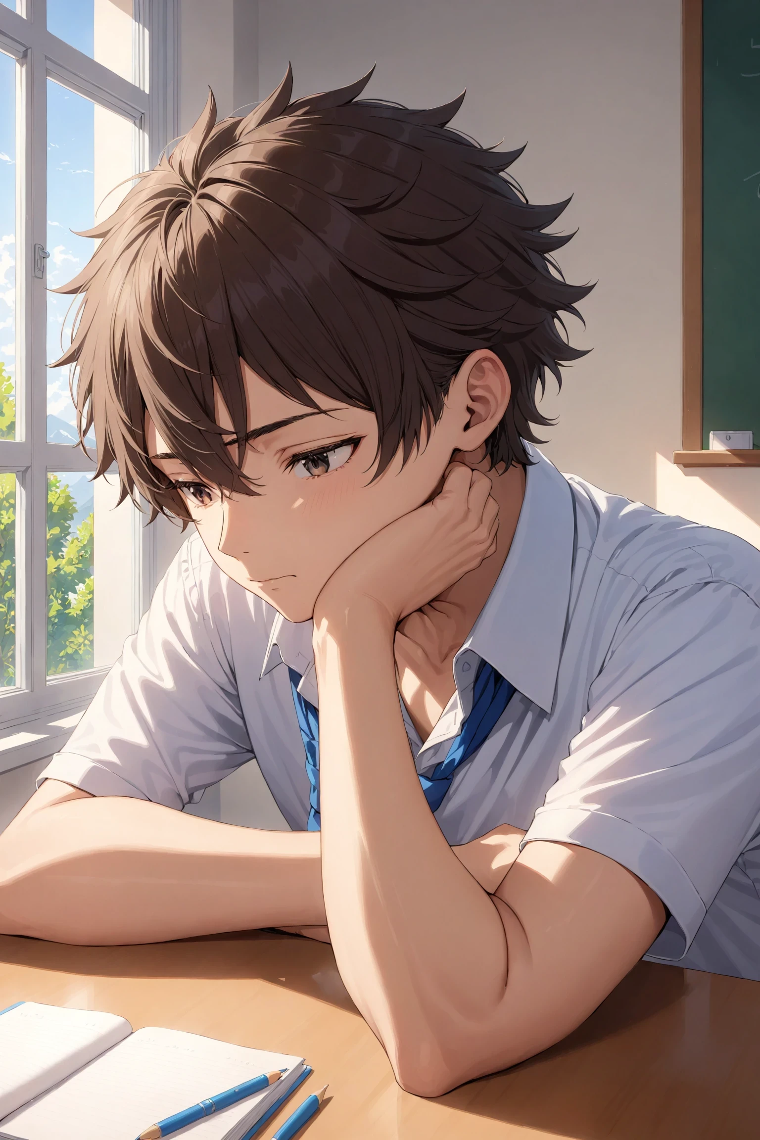 1boy, solo, head rest, school, masterpiece, best quality