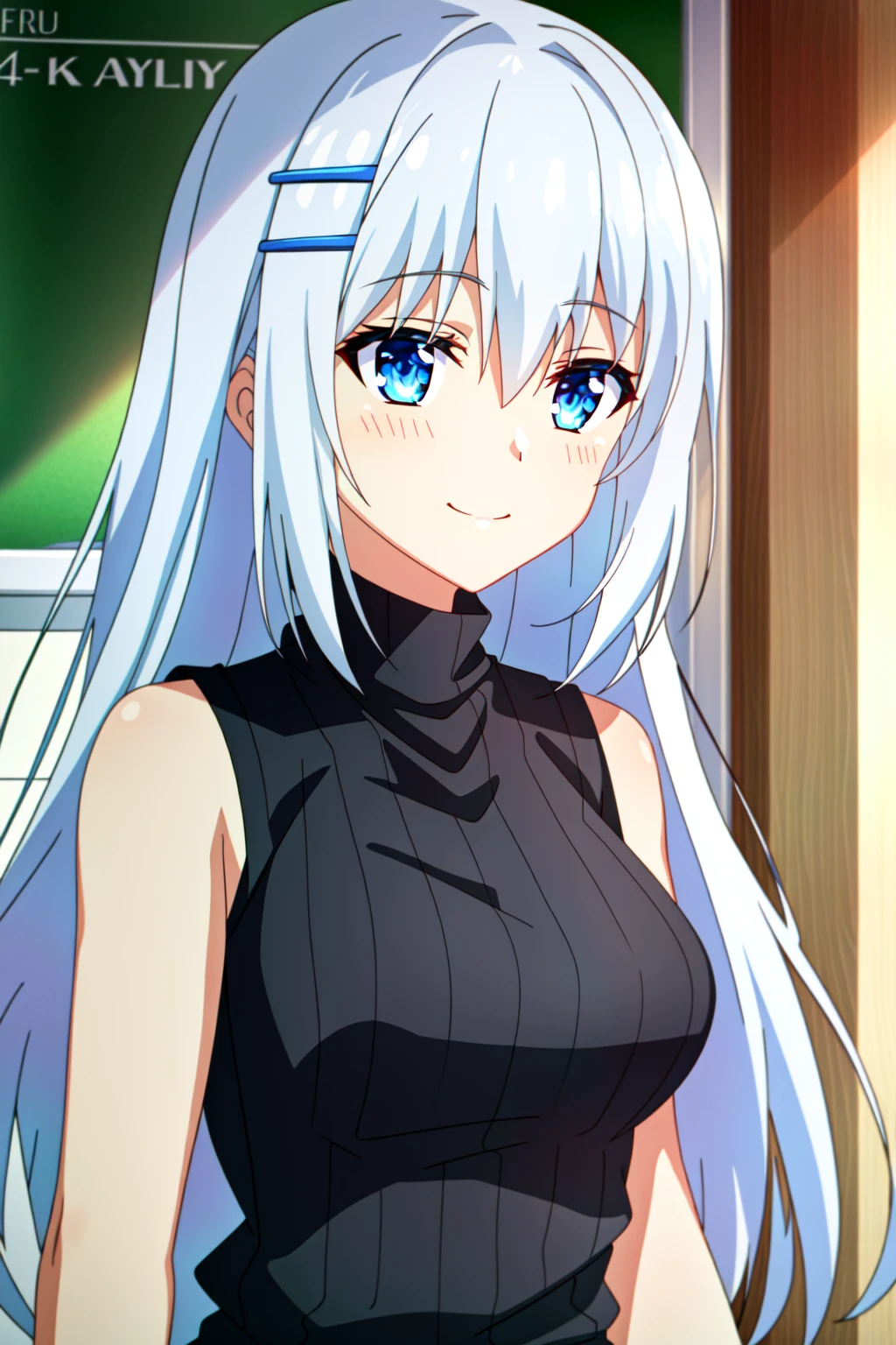 (extremely detailed CG unity 4k wallpaper),(masterpiece),(best quality),(ultra-detailed),(best illustration),(best shadow),(absurdres),(detailed background) <lora:OGT_Origami_Tobiichi-v1:0.7> Origami Tobiichi, 1girl, solo, blue eyes, very long hair, hair ornament, hairclip, shirt, blue turtleneck sweater, sleeveless, upper body, white hair, hair between eyes, closed mouth, bangs, smile